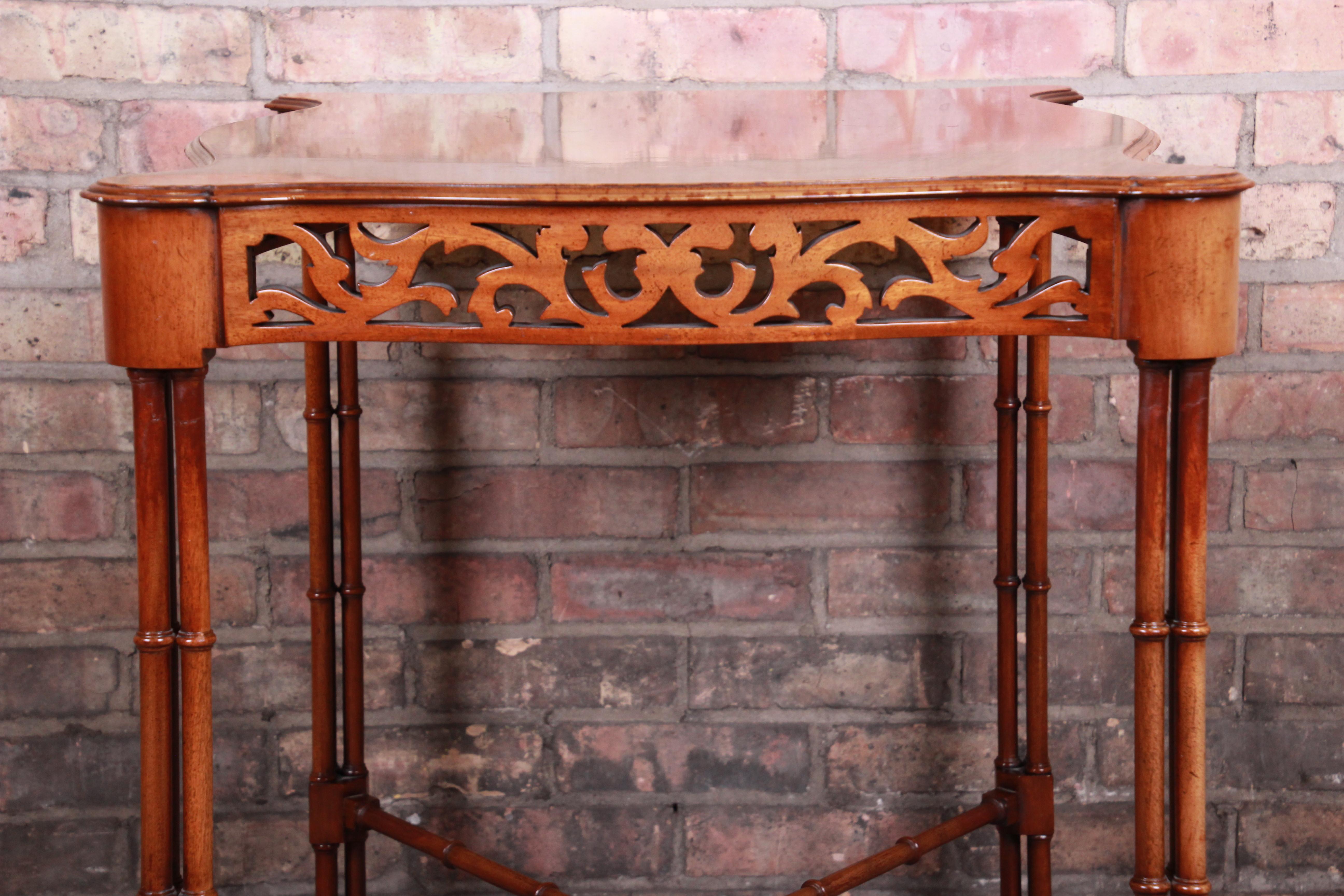 Chinese Chippendale Carved Mahogany Faux Bamboo Tea Table by Beacon Hill 6