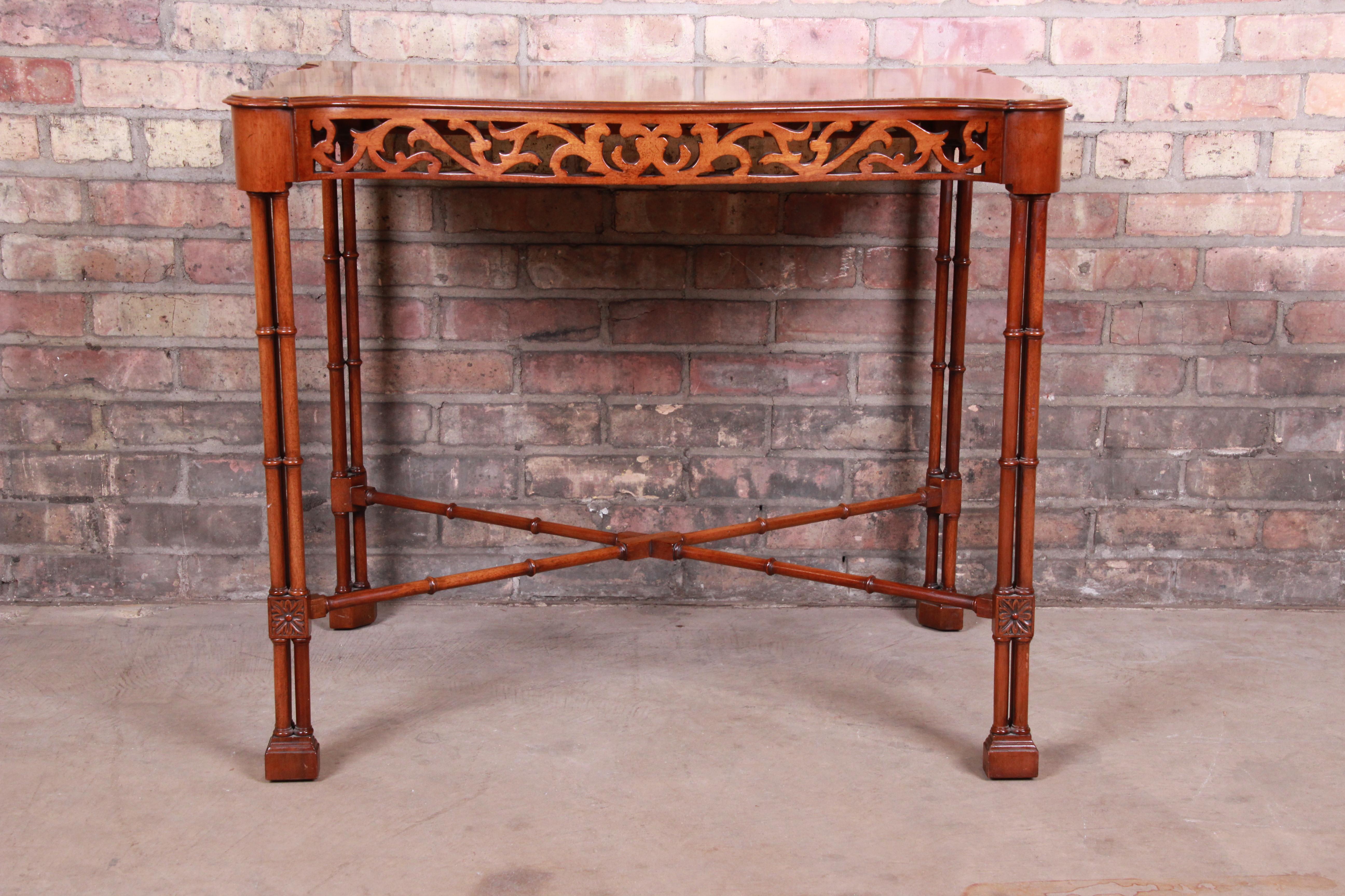 American Chinese Chippendale Carved Mahogany Faux Bamboo Tea Table by Beacon Hill