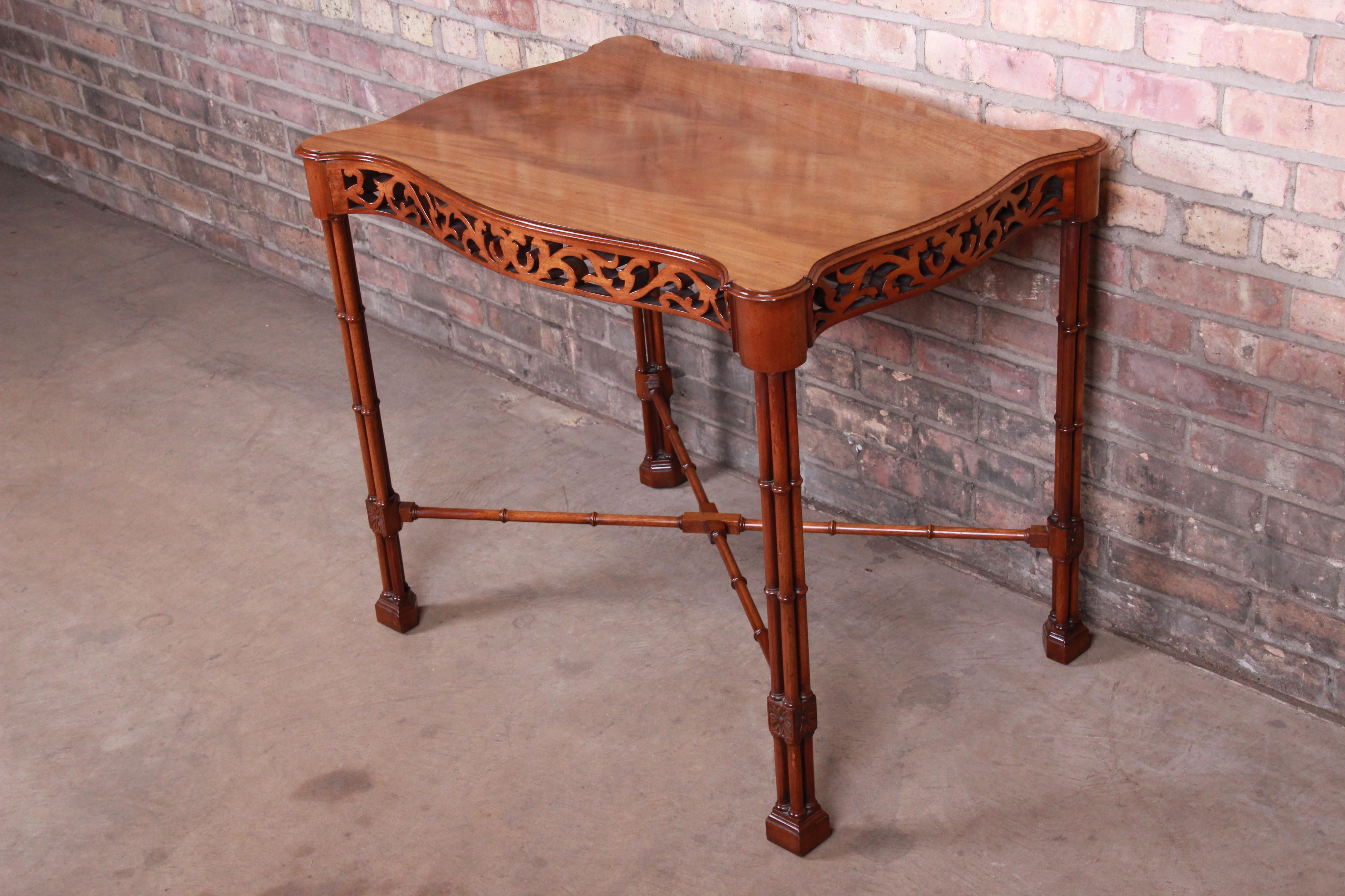 Chinese Chippendale Carved Mahogany Faux Bamboo Tea Table by Beacon Hill In Good Condition In South Bend, IN