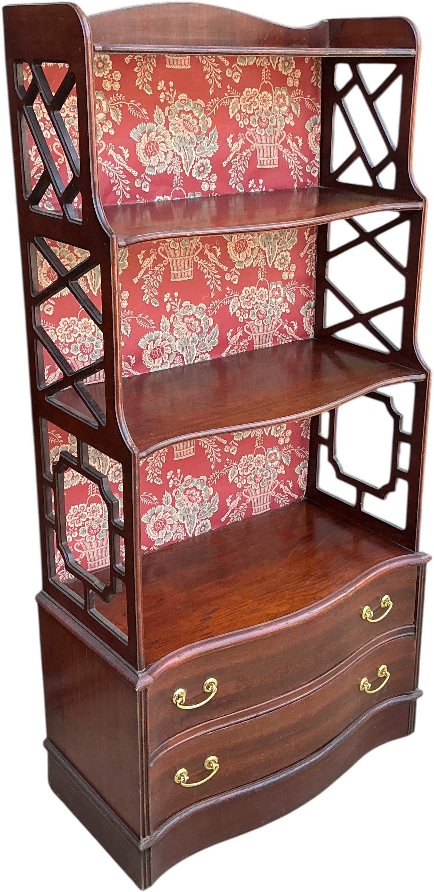 Chinesische Chippendale geschnitzt Mahagoni & Blumen Tapete ausgekleidet Bücherschrank / Regal (Messing) im Angebot