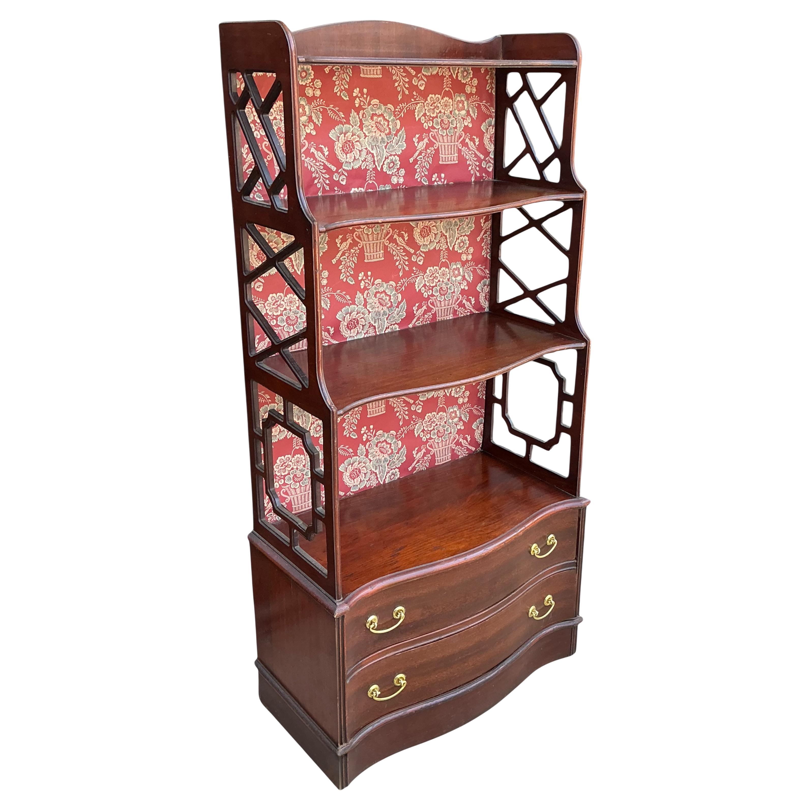 Chinese Chippendale Carved Mahogany & Floral Wallpaper Lined Bookcase / Shelf