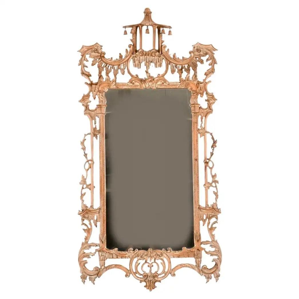 Pine Chinese Chippendale Carved Pagoda Mirror George III Style For Sale