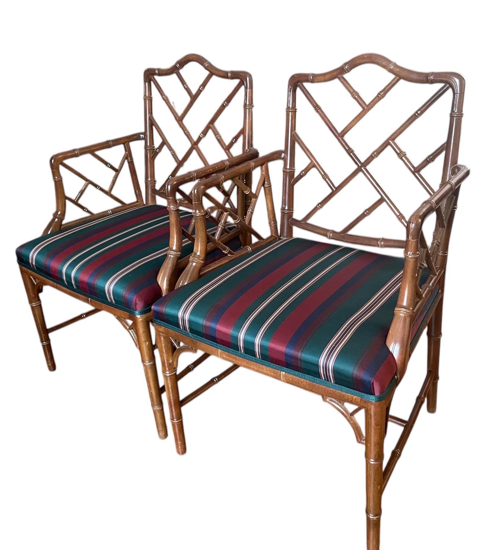 20th Century Chinese Chippendale Chair Pair Faux Bamboo Hollywood Regency Accent Armchairs For Sale