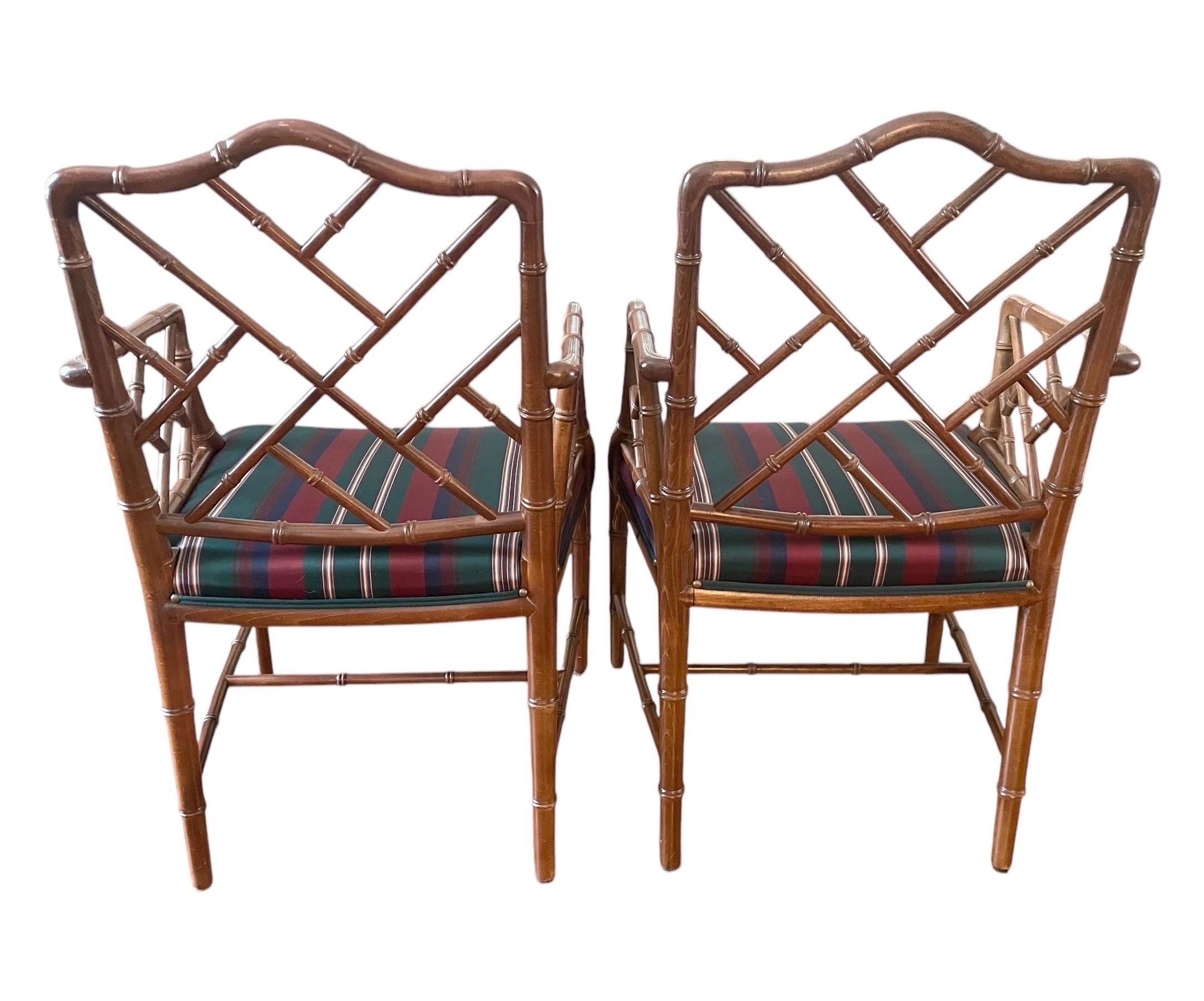 Upholstery Chinese Chippendale Chair Pair Faux Bamboo Hollywood Regency Accent Armchairs For Sale