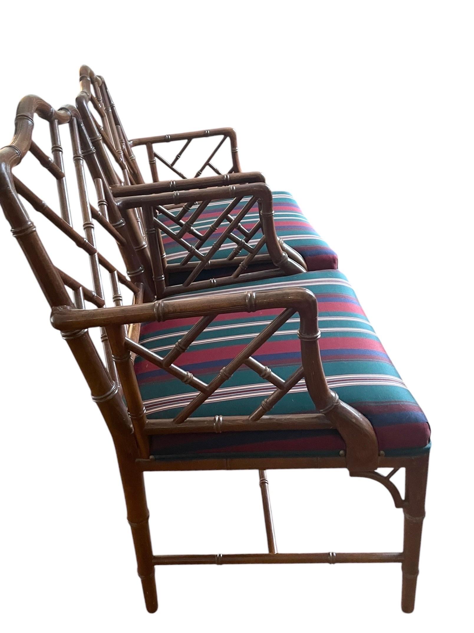 Chinese Chippendale Chair Pair Faux Bamboo Hollywood Regency Accent Armchairs For Sale 3