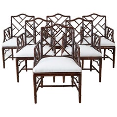 Chinese Chippendale Chocolate Lacquered Faux Bamboo Dining Chairs