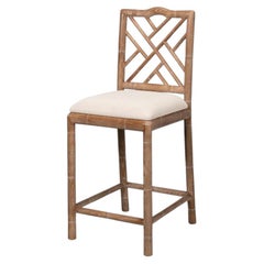 Chinese Chippendale Counter Stool, Vintage Oak Faux Bamboo