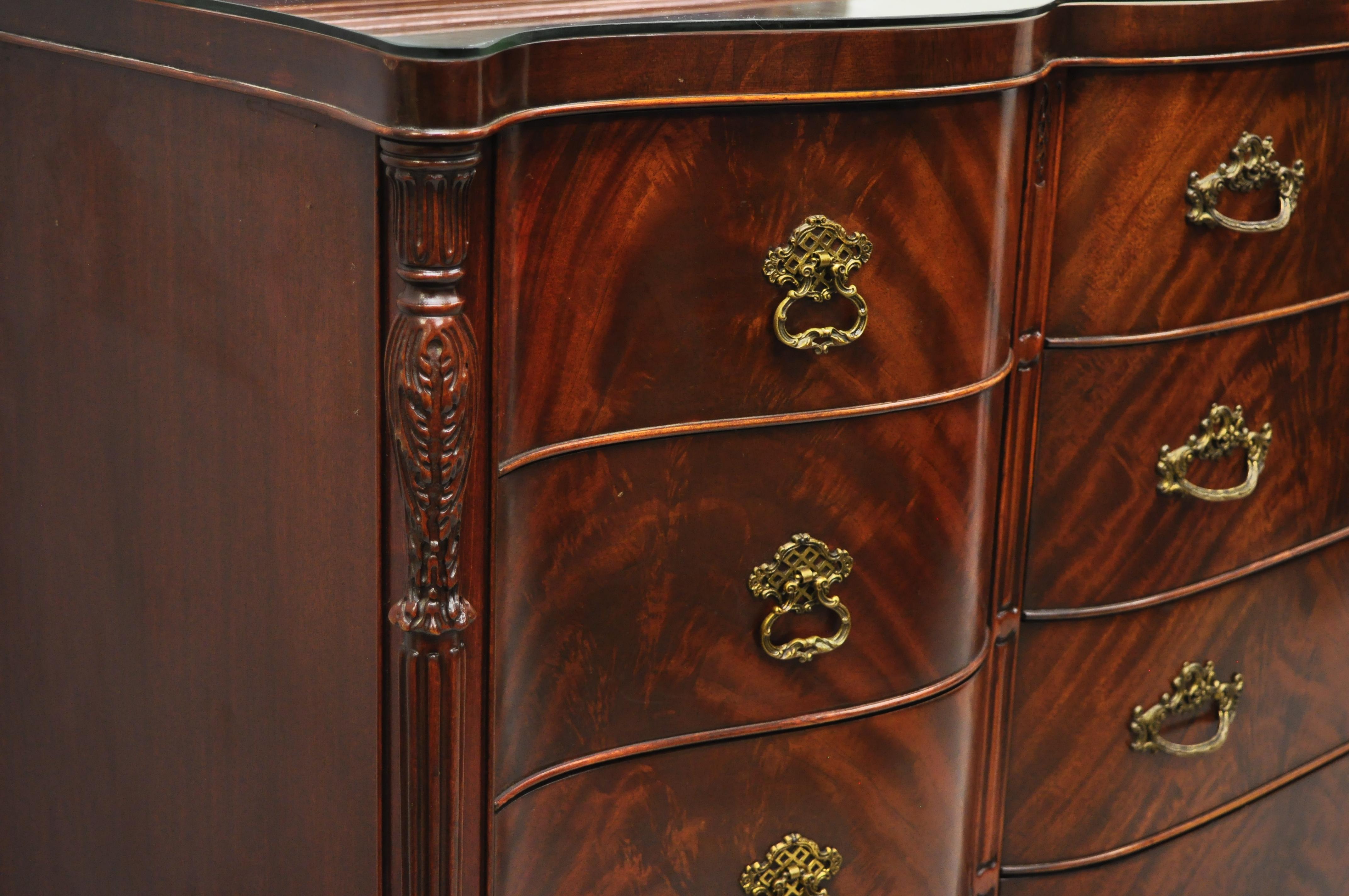 Glass Chinese Chippendale Crotch Flame Mahogany Serpentine Front Dresser Pagoda Mirror