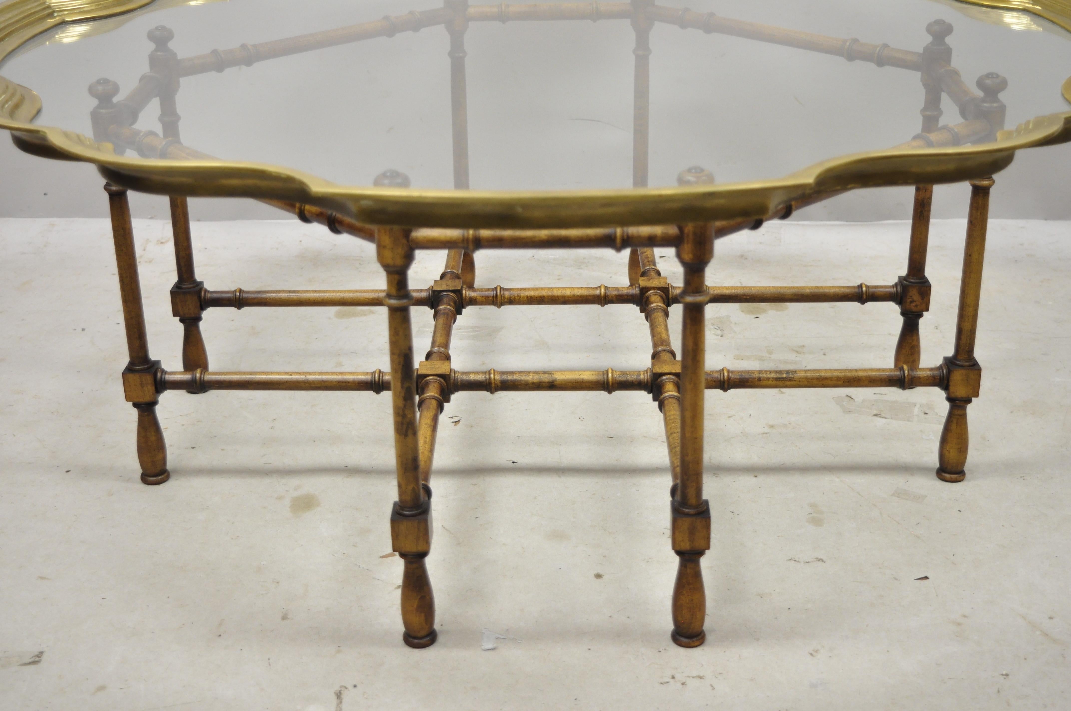 20th Century Chinese Chippendale Faux Bamboo Brass Scalloped Edge Tray Top Coffee Table