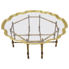 Chinese Chippendale Faux Bamboo Brass Scalloped Edge Tray Top Coffee Table