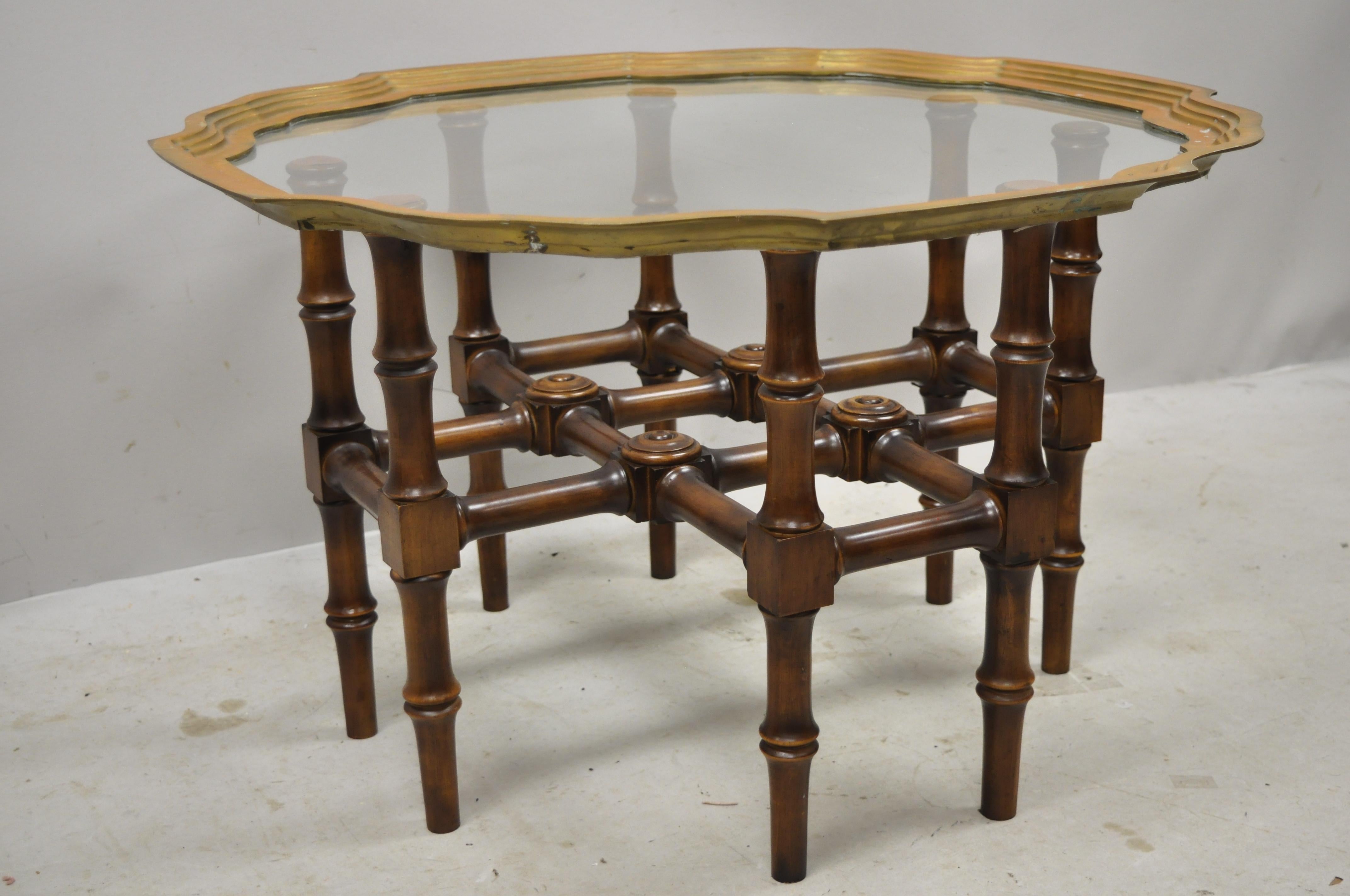 Chinese Chippendale Faux Bamboo Campaign Scalloped Edge Brass Tray Coffee Table 6