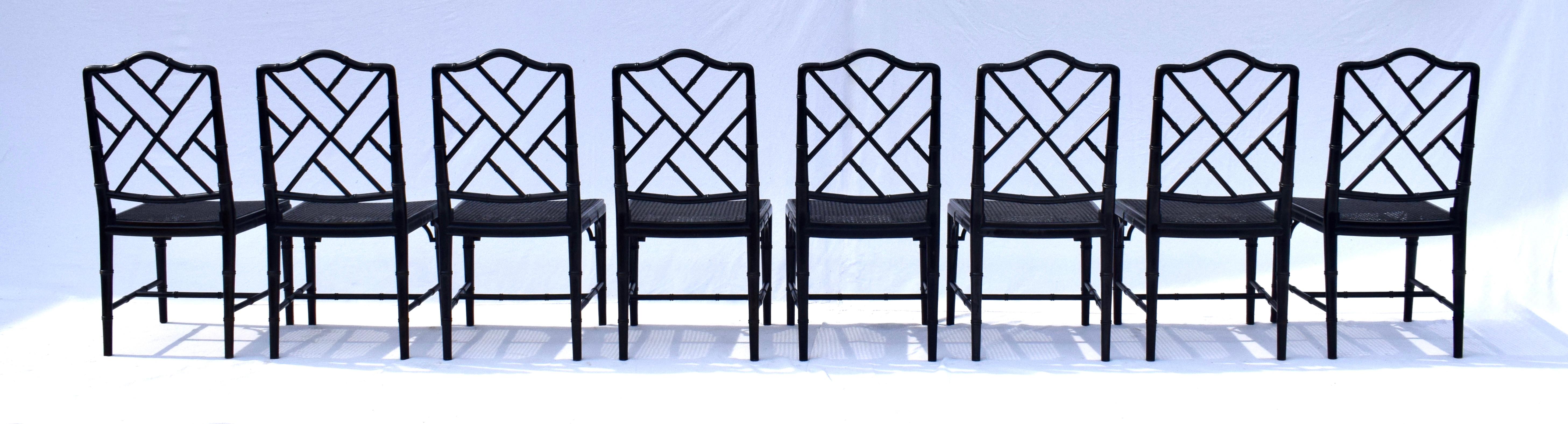 American Chinese Chippendale Faux Bamboo Cane Dining Chairs, Set of Eight For Sale
