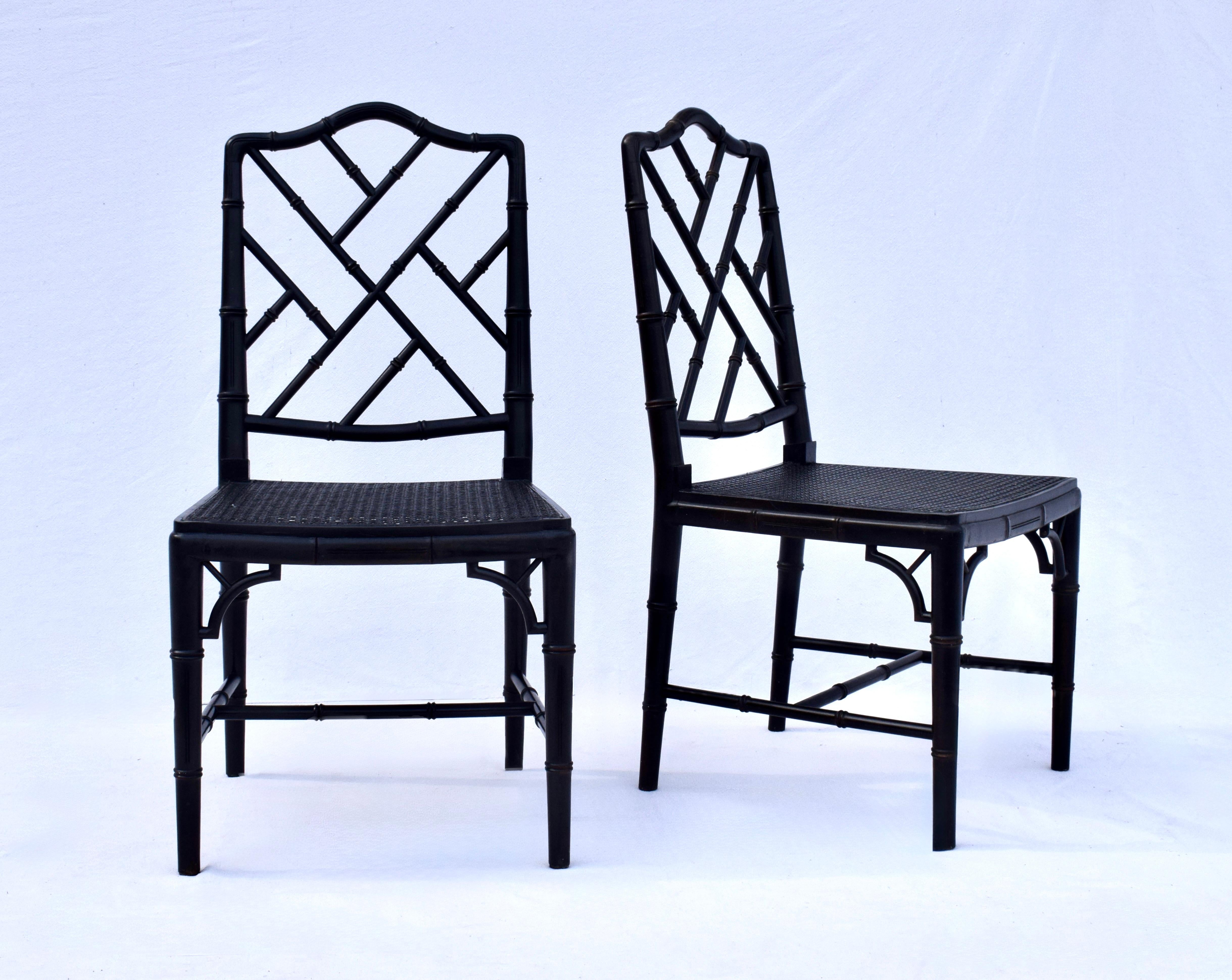 Ebonized Chinese Chippendale Faux Bamboo Cane Dining Chairs, Set of Eight For Sale
