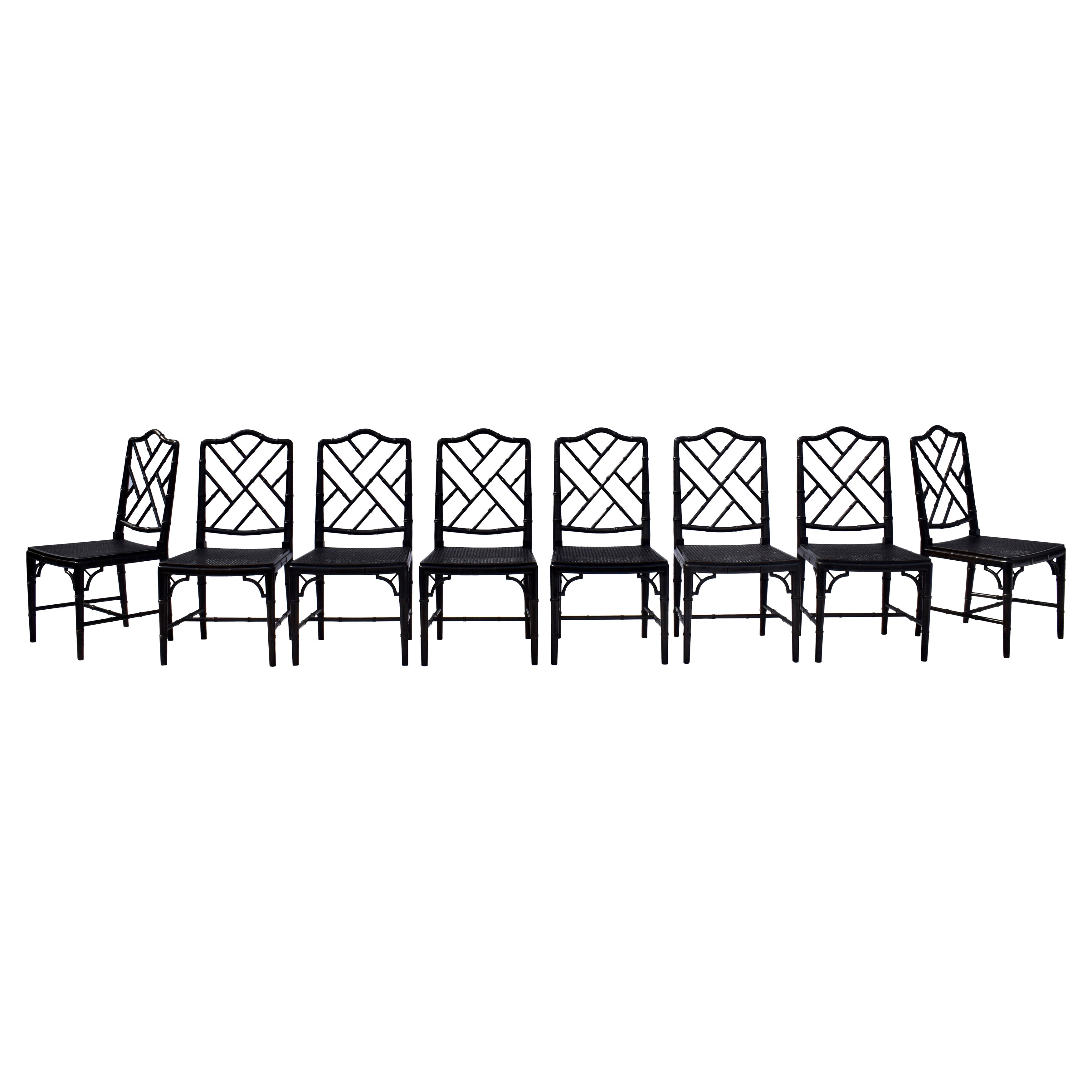 Chinese Chippendale Faux Bamboo Cane Dining Chairs, Set of Eight For Sale