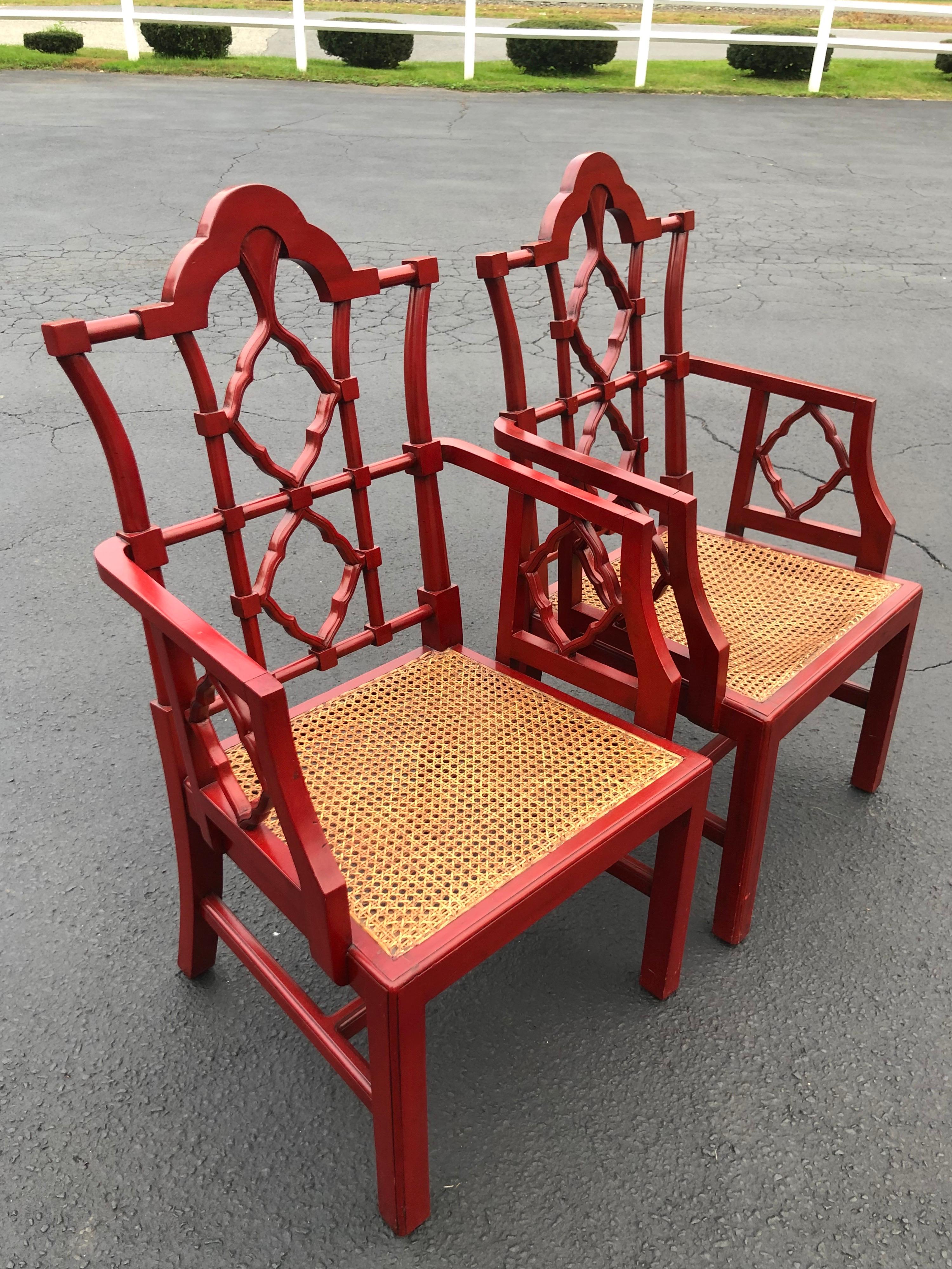 Chinese Chippendale Faux Bamboo Chairs in Red 5