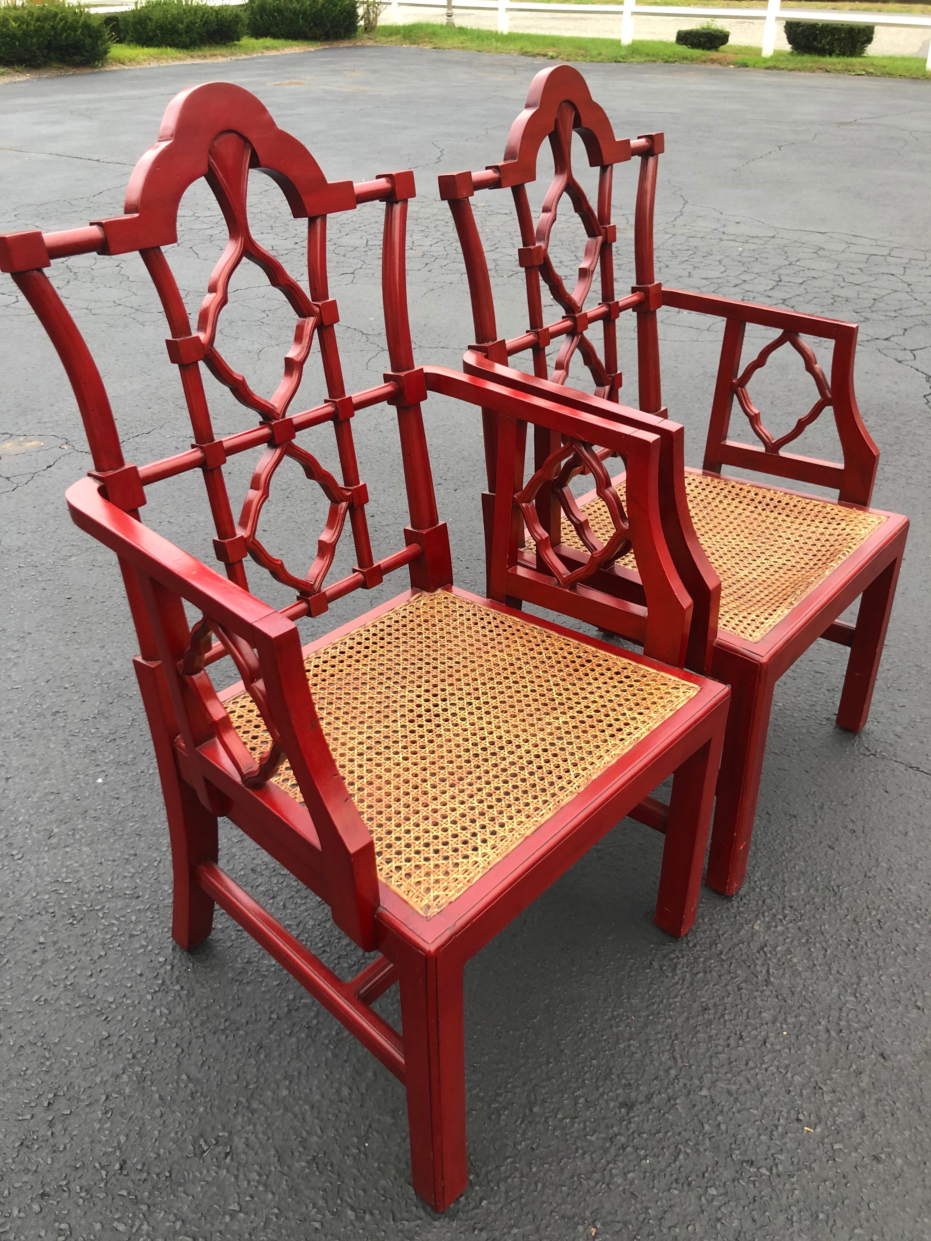 Chinese Chippendale Faux Bamboo Chairs in Red 8
