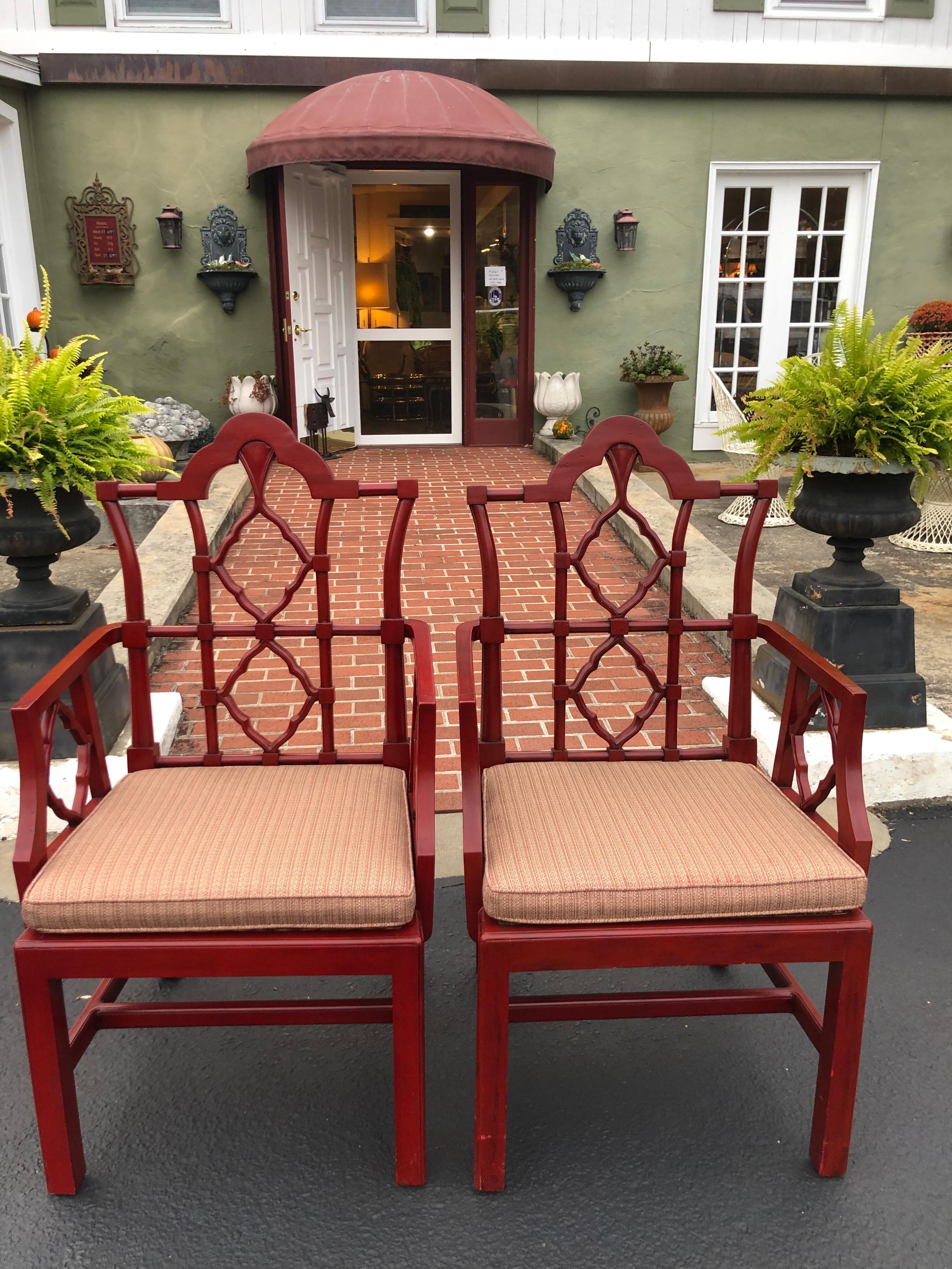 Chinese Chippendale Faux Bamboo Chairs in Red In Good Condition In Redding, CT