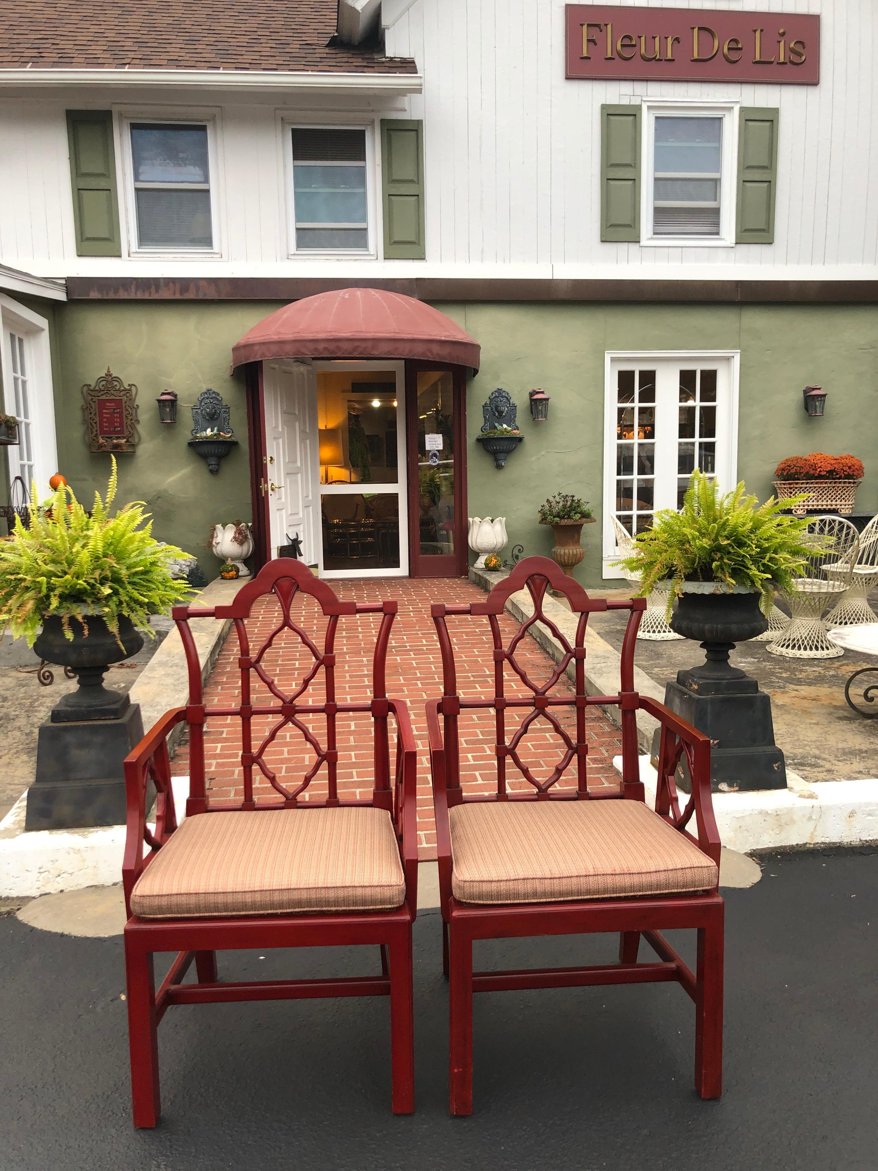 Late 20th Century Chinese Chippendale Faux Bamboo Chairs in Red