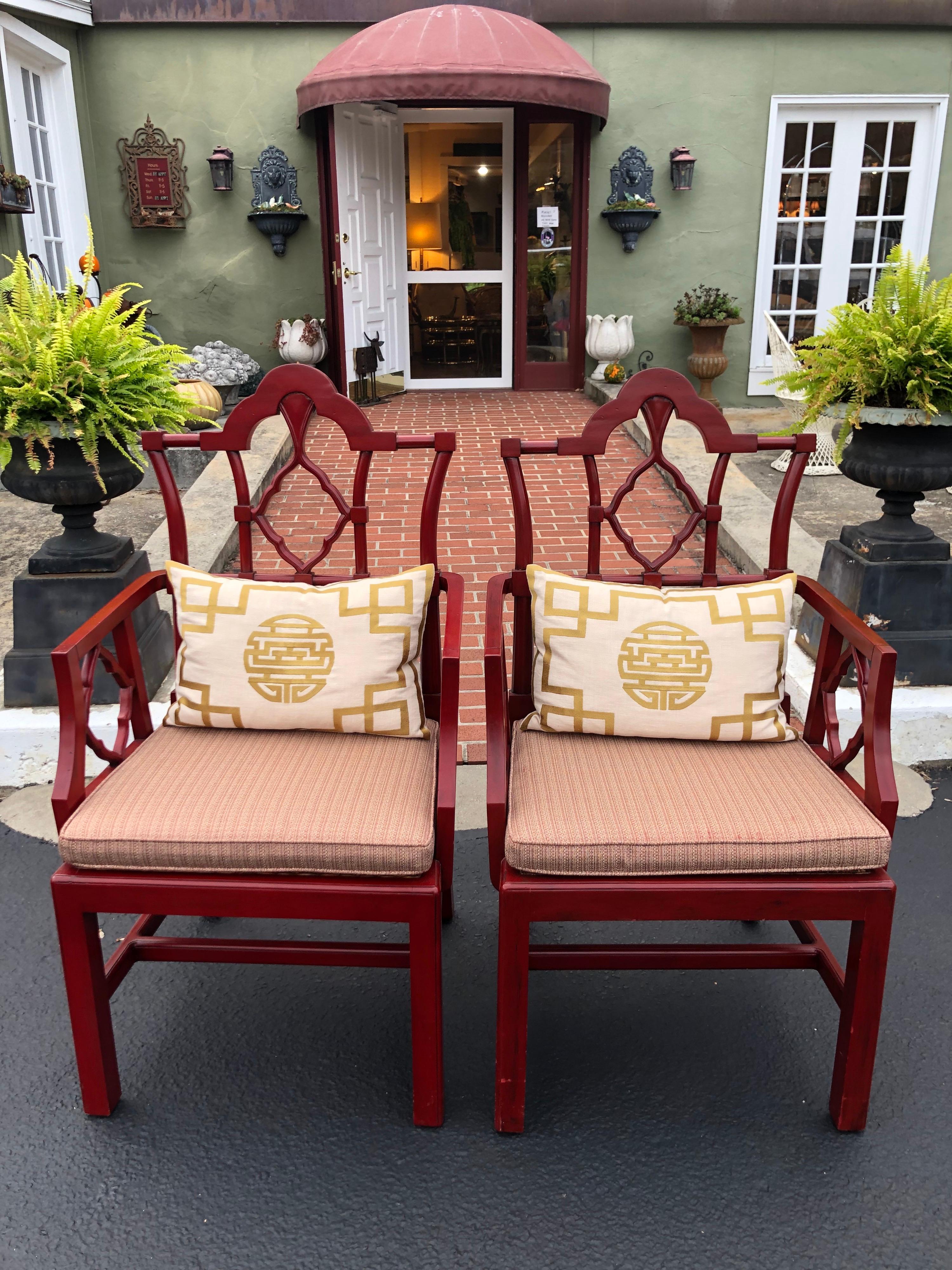 Chinese Chippendale Faux Bamboo Chairs in Red 1