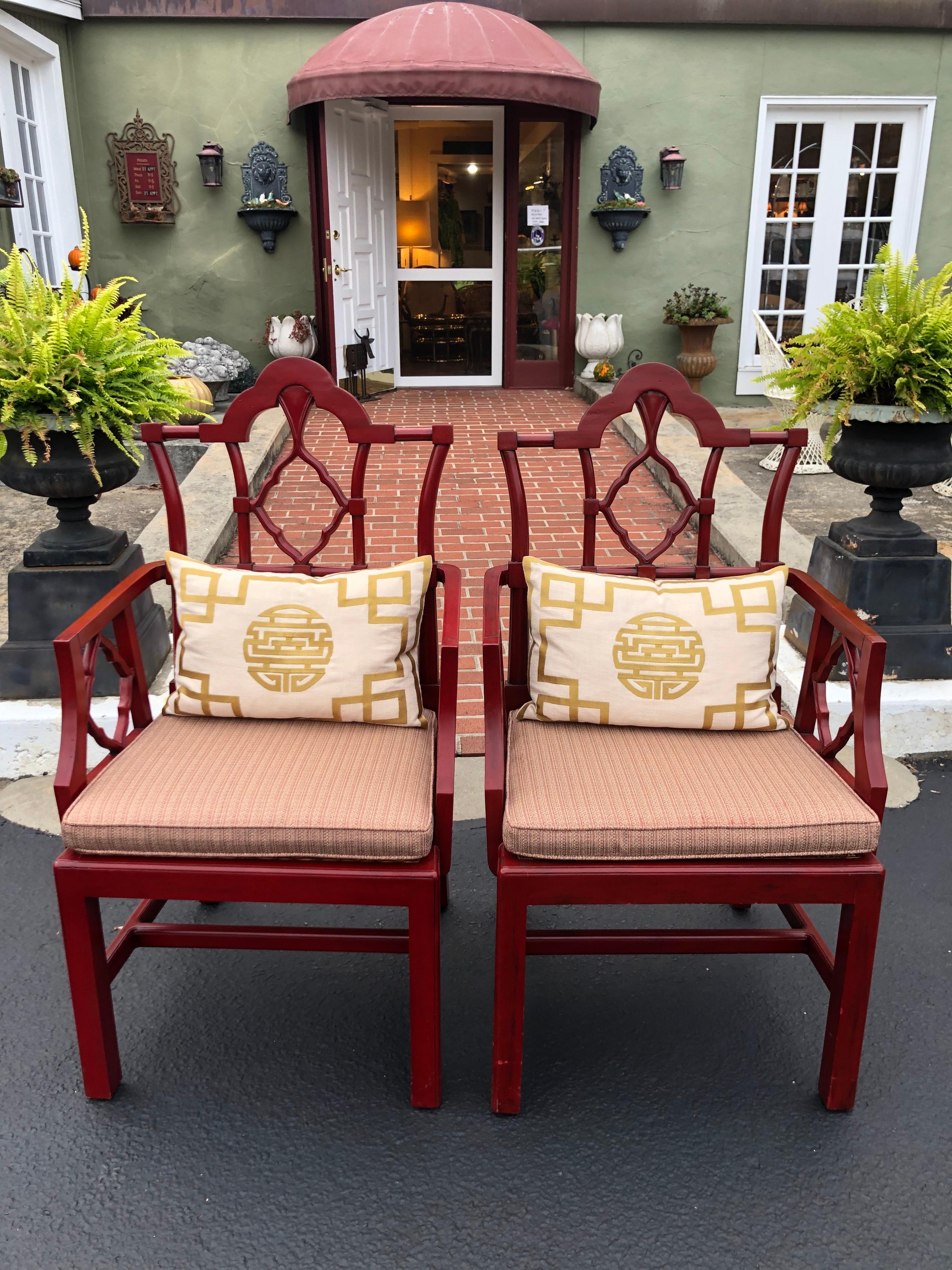 Chinese Chippendale Faux Bamboo Chairs in Red 2