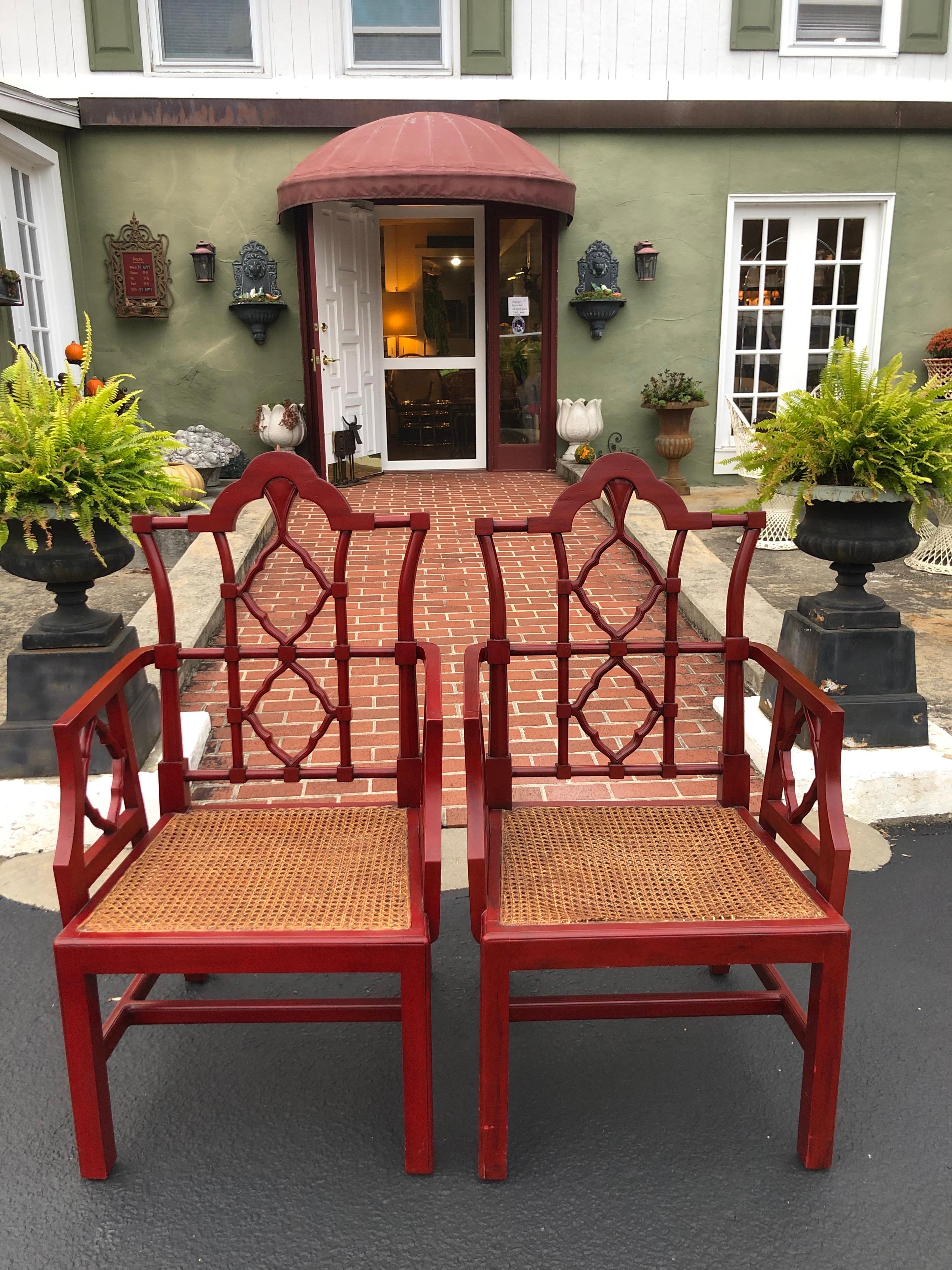 Chinese Chippendale Faux Bamboo Chairs in Red 4