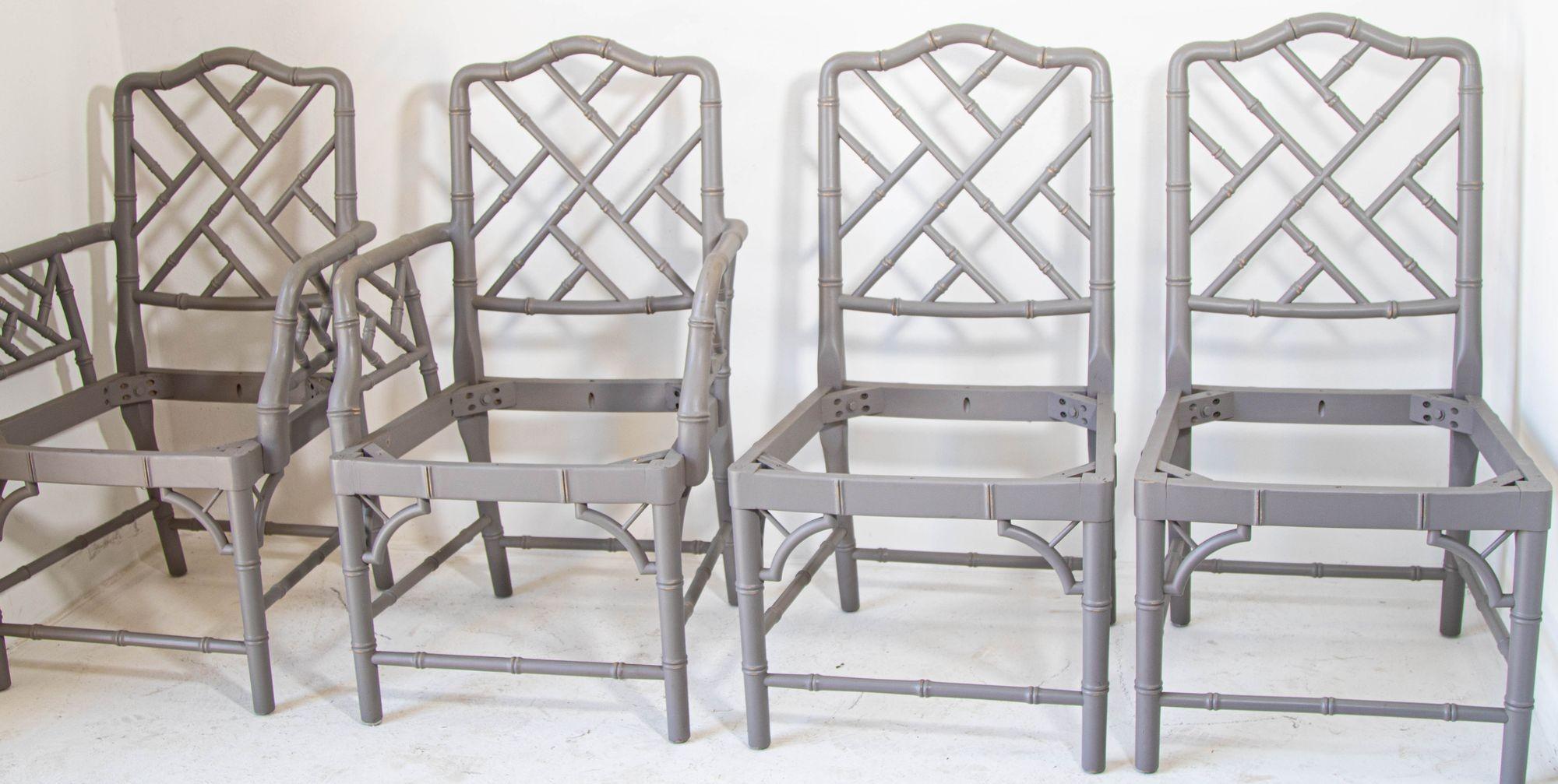 Set of Four midcentury Faux Bamboo Chairs, 2 armchairs and 2 chairs. 
Hollywood Regency Faux Bamboo chinoiserie Dining Chairs, a Classic set of four Chinese Chippendale dining chairs.
Stylish set of four vintage carved wood chairs with a Classic