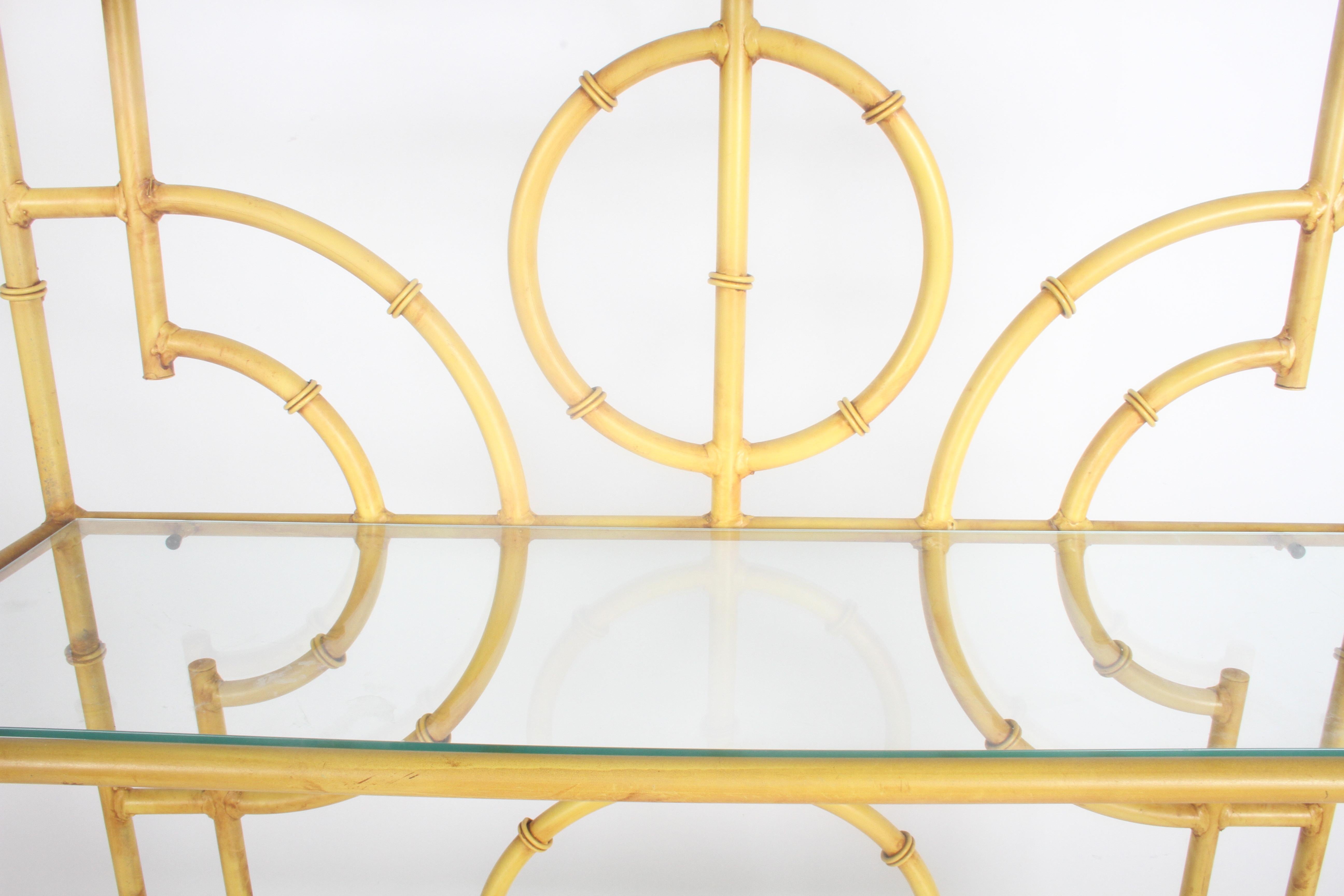 Hollywood Regency Chinese Chippendale Yellow Faux Bamboo Glass Shelf Étagère 1