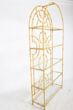 Hollywood Regency Chinese Chippendale Yellow Faux Bamboo Glass Shelf Étagère