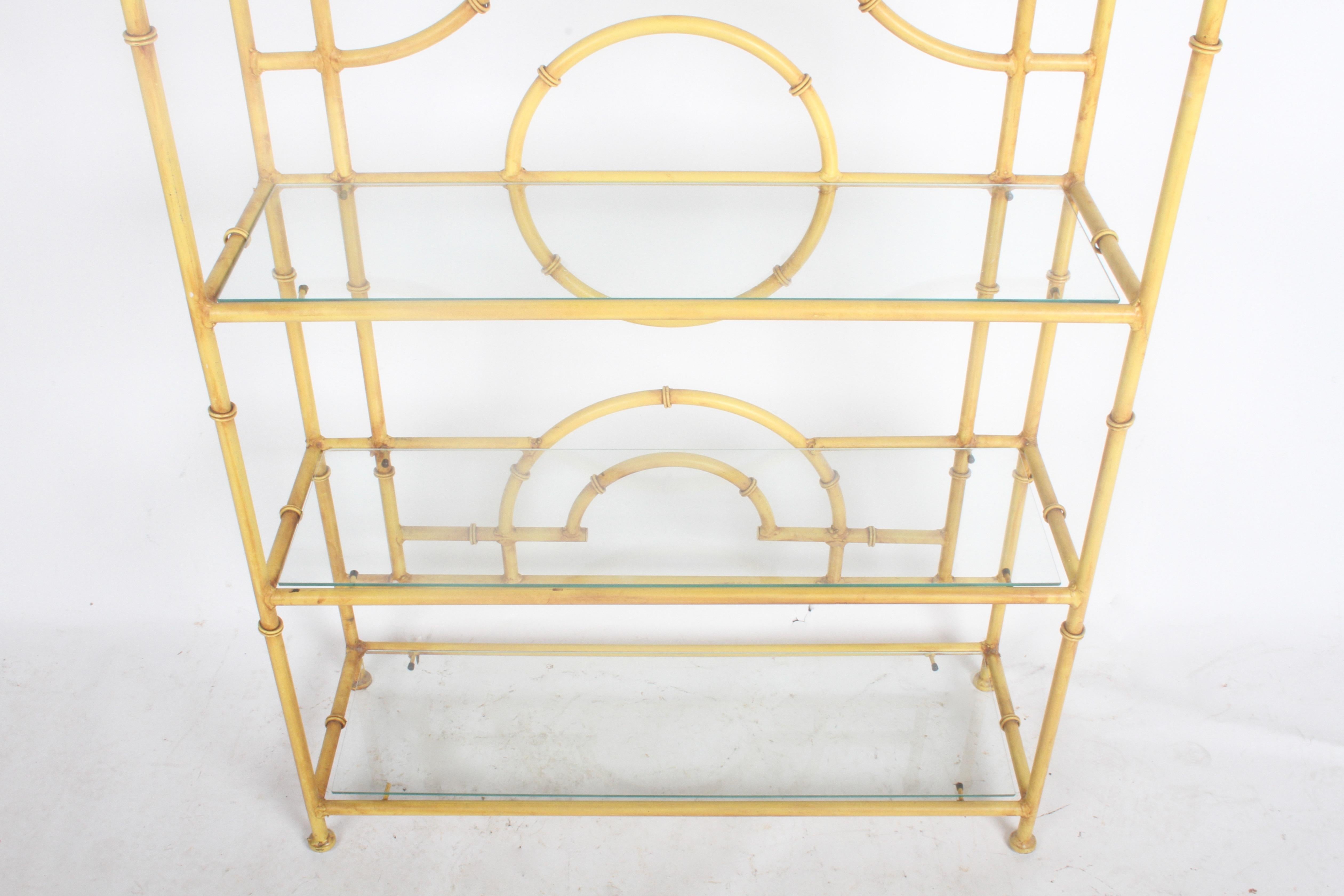 HOLLYWOOD REGENCY CHINESE CHIPPENDALE GOLD IRON GLASS WALL SHELF CURIO DISPLAY 