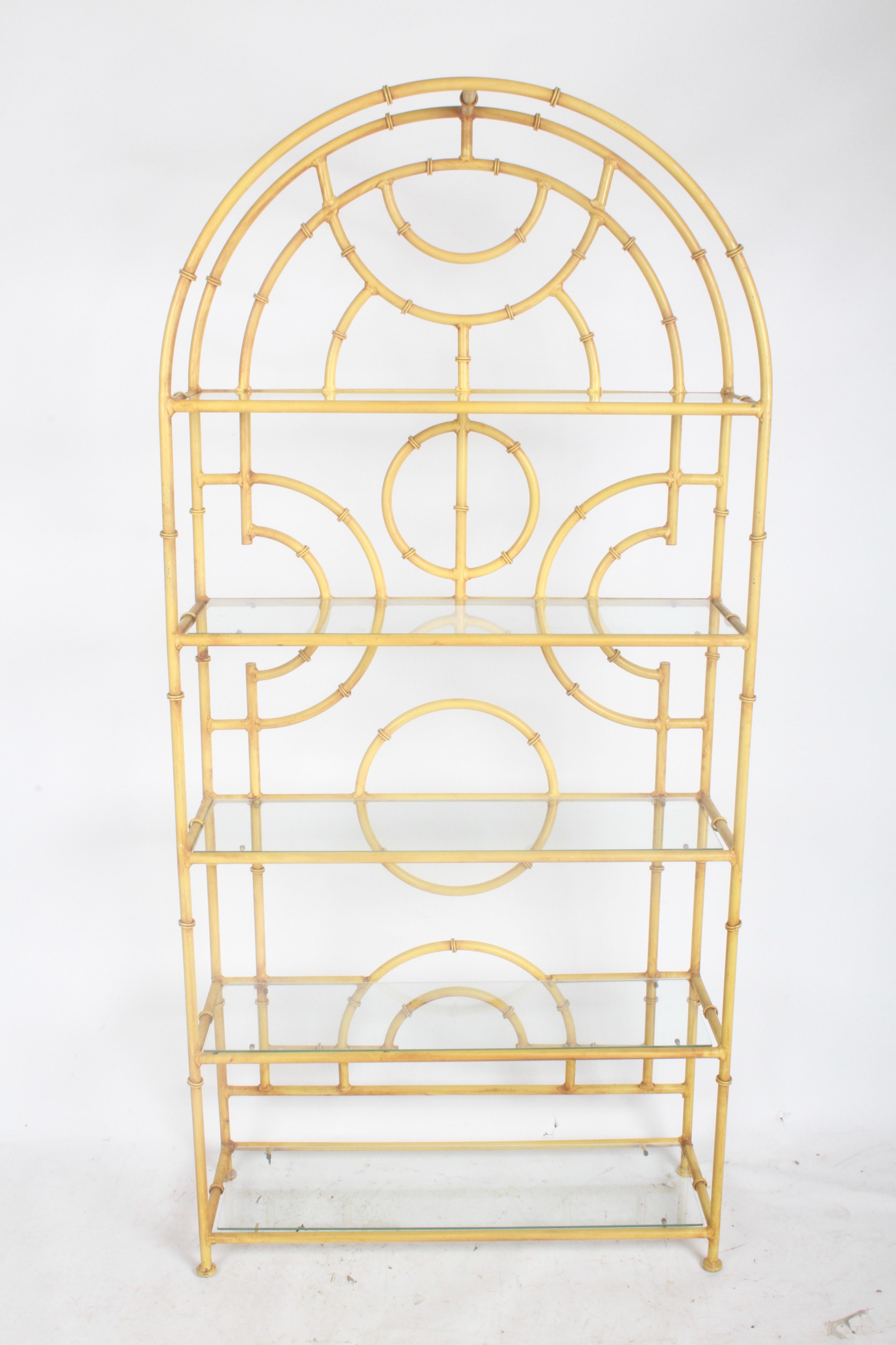 HOLLYWOOD REGENCY CHINESE CHIPPENDALE GOLD IRON GLASS WALL SHELF CURIO DISPLAY 