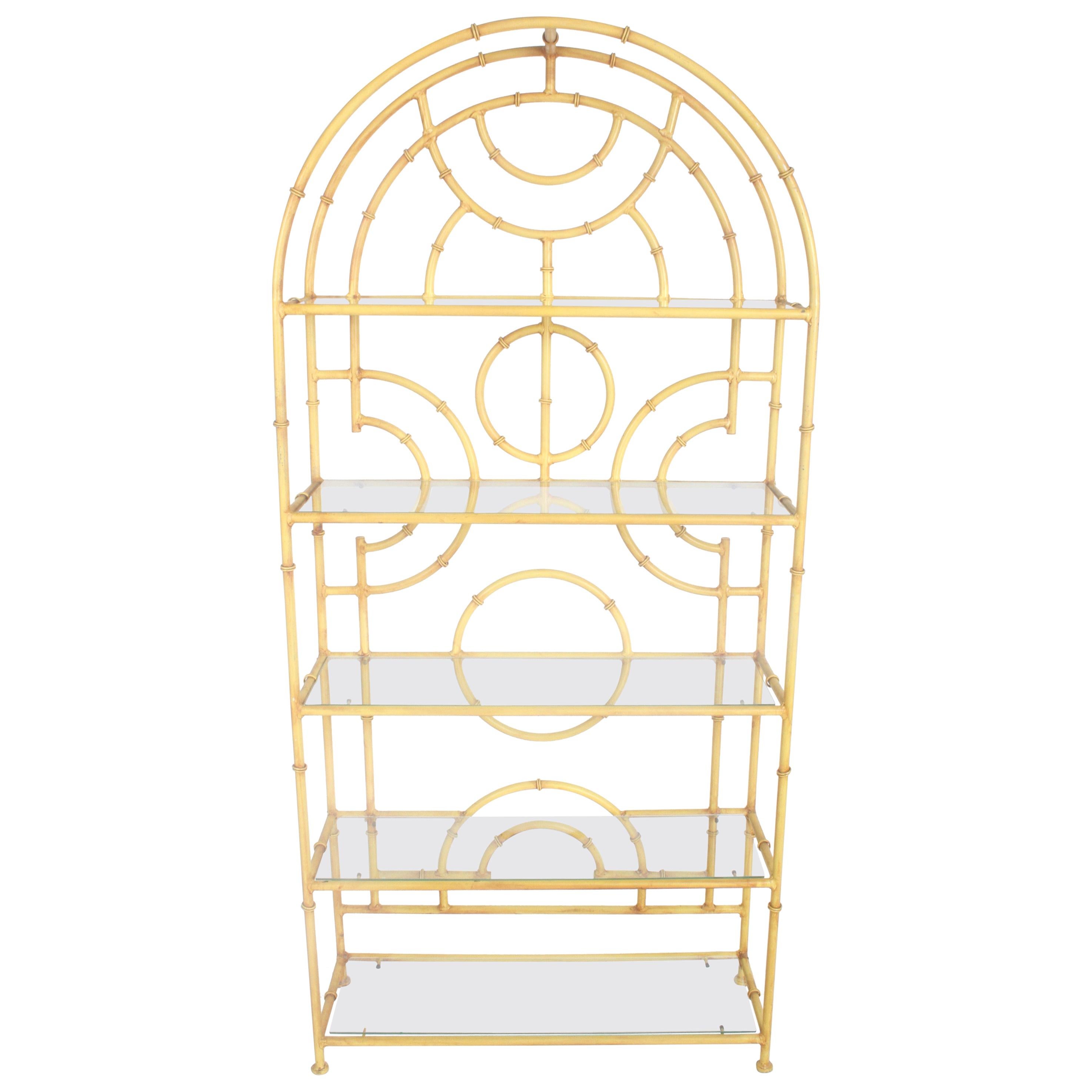 Hollywood Regency Chinese Chippendale Yellow Faux Bamboo Glass Shelf Étagère