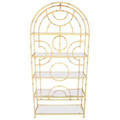 Hollywood Regency Chinese Chippendale Yellow Faux Bamboo Glass Shelf Étagère