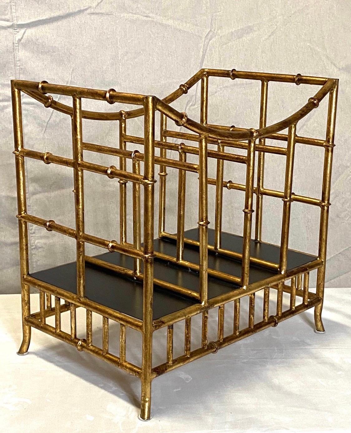 Mid-20th Century Chinese Chippendale Faux Bamboo Gilt Gold Magazine Rack