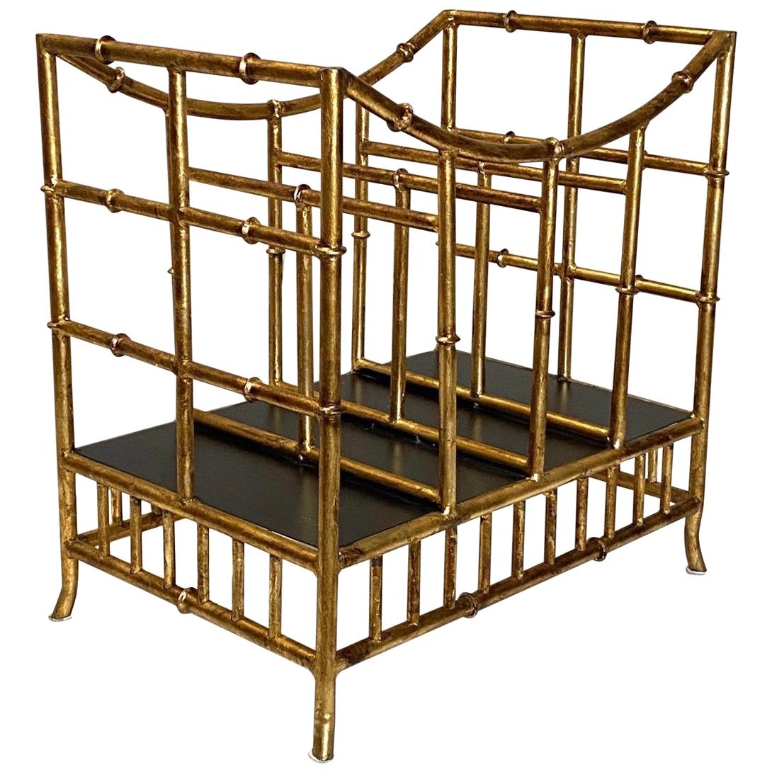 Chinese Chippendale Faux Bamboo Gilt Gold Magazine Rack