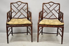 Chinese Chippendale Faux Bamboo Hollywood Regency Cane Armchairs 'A', a Pair