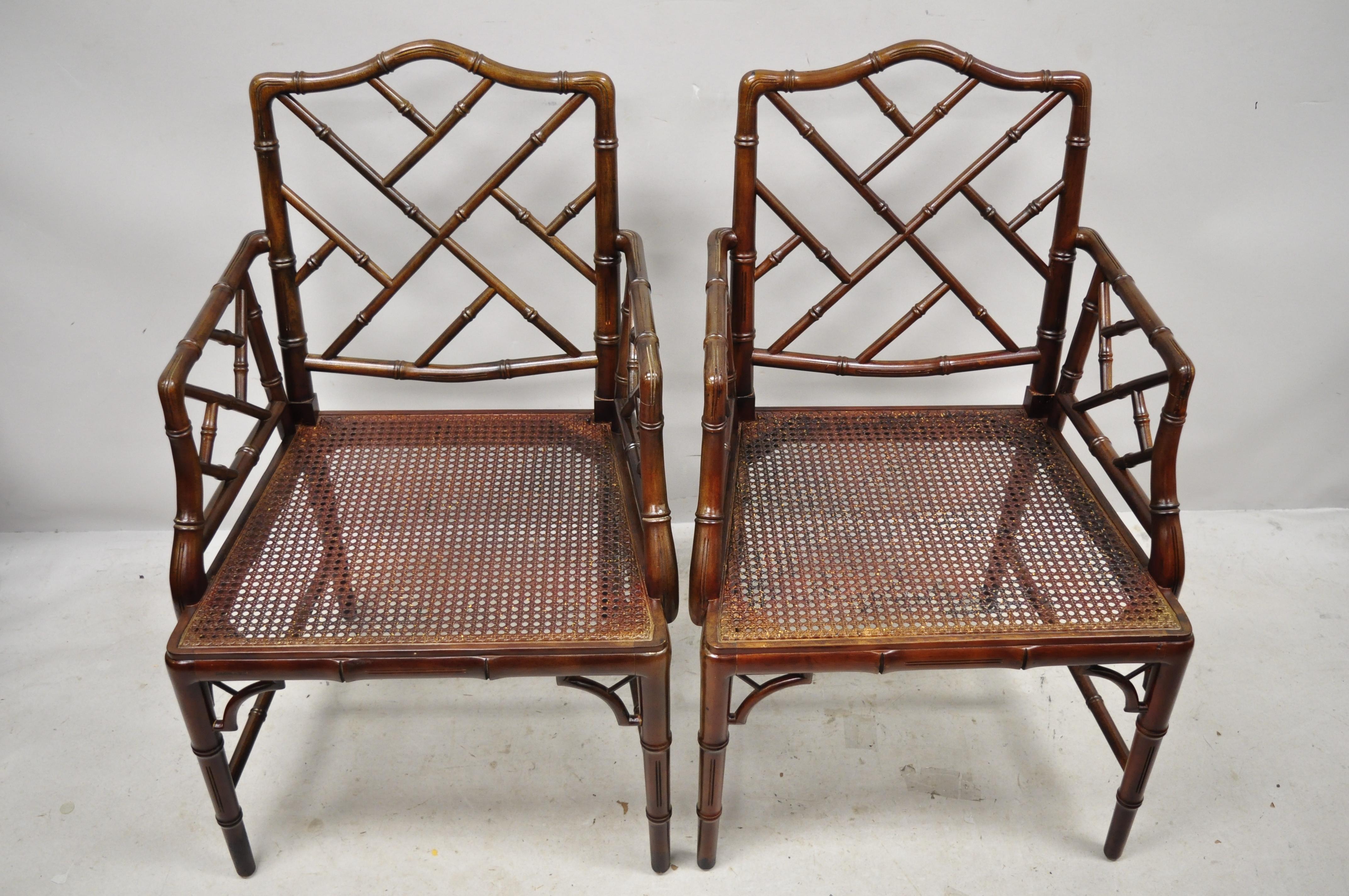 North American Chinese Chippendale Faux Bamboo Hollywood Regency Cane Armchairs 'A', a Pair
