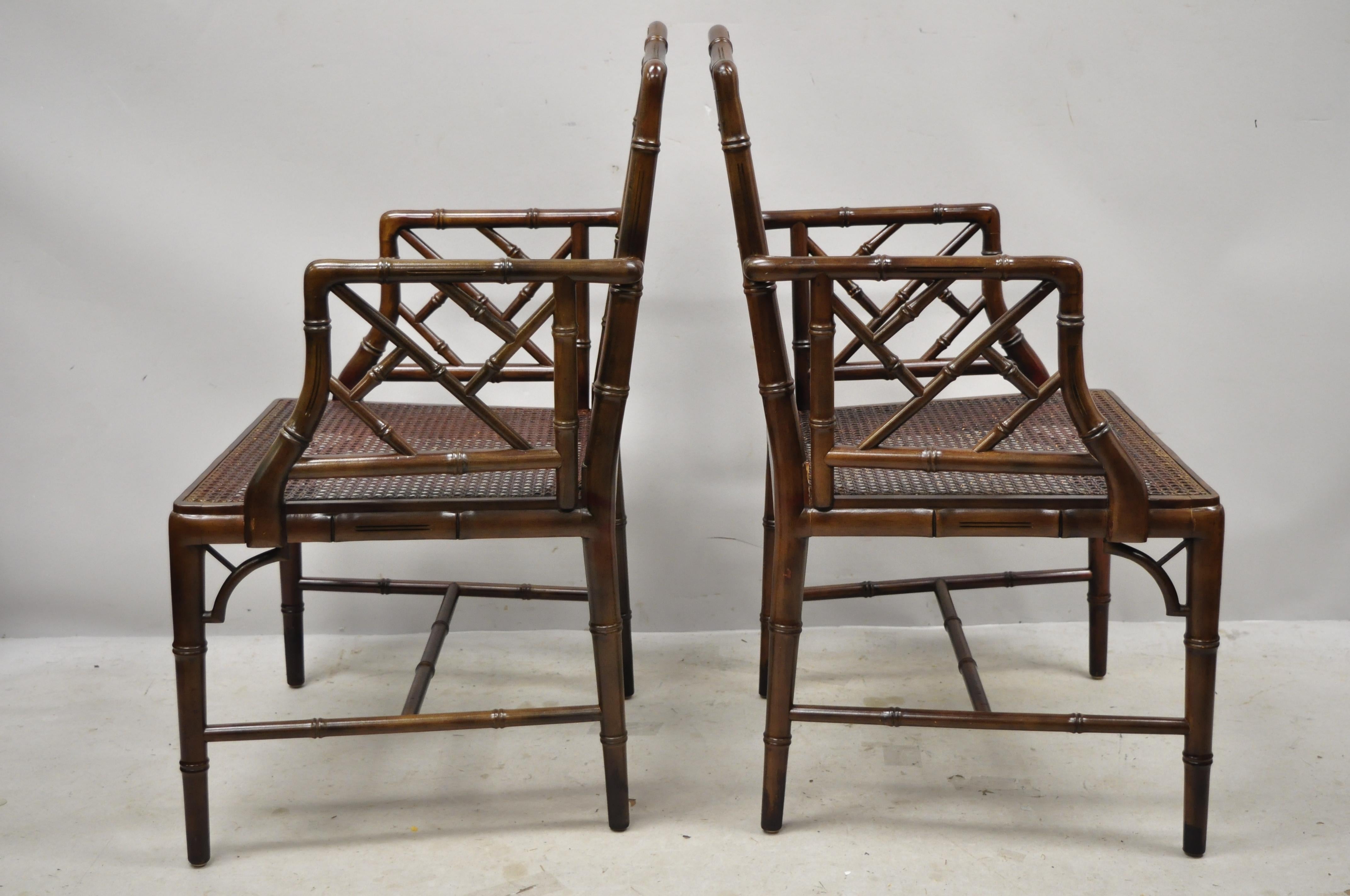 20th Century Chinese Chippendale Faux Bamboo Hollywood Regency Cane Armchairs 'A', a Pair