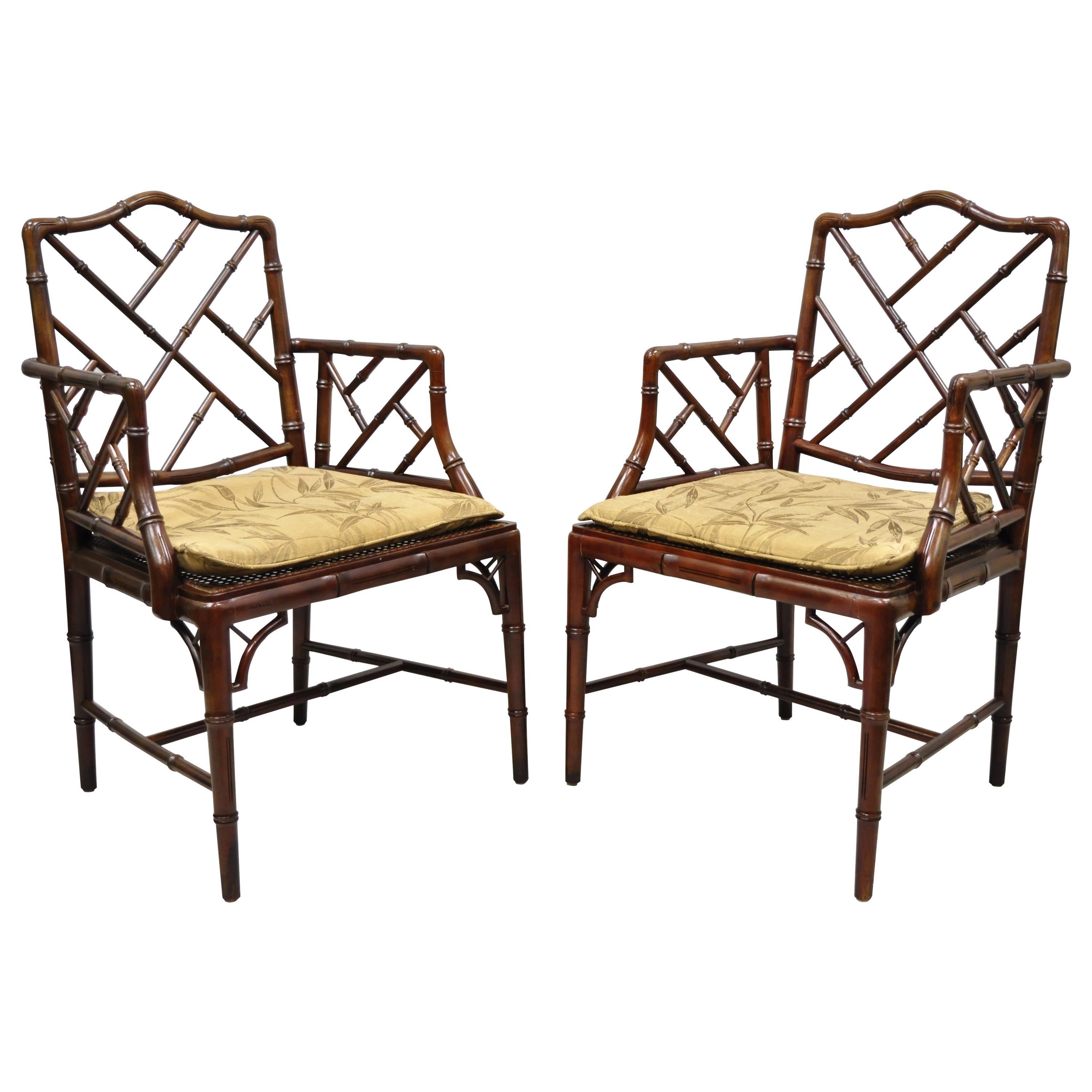 Chinese Chippendale Faux Bamboo Hollywood Regency Cane Armchairs 'A', a Pair