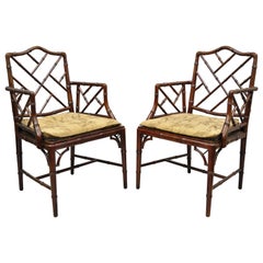 Chinese Chippendale Faux Bamboo Hollywood Regency Cane Armchairs 
A
, a Pair