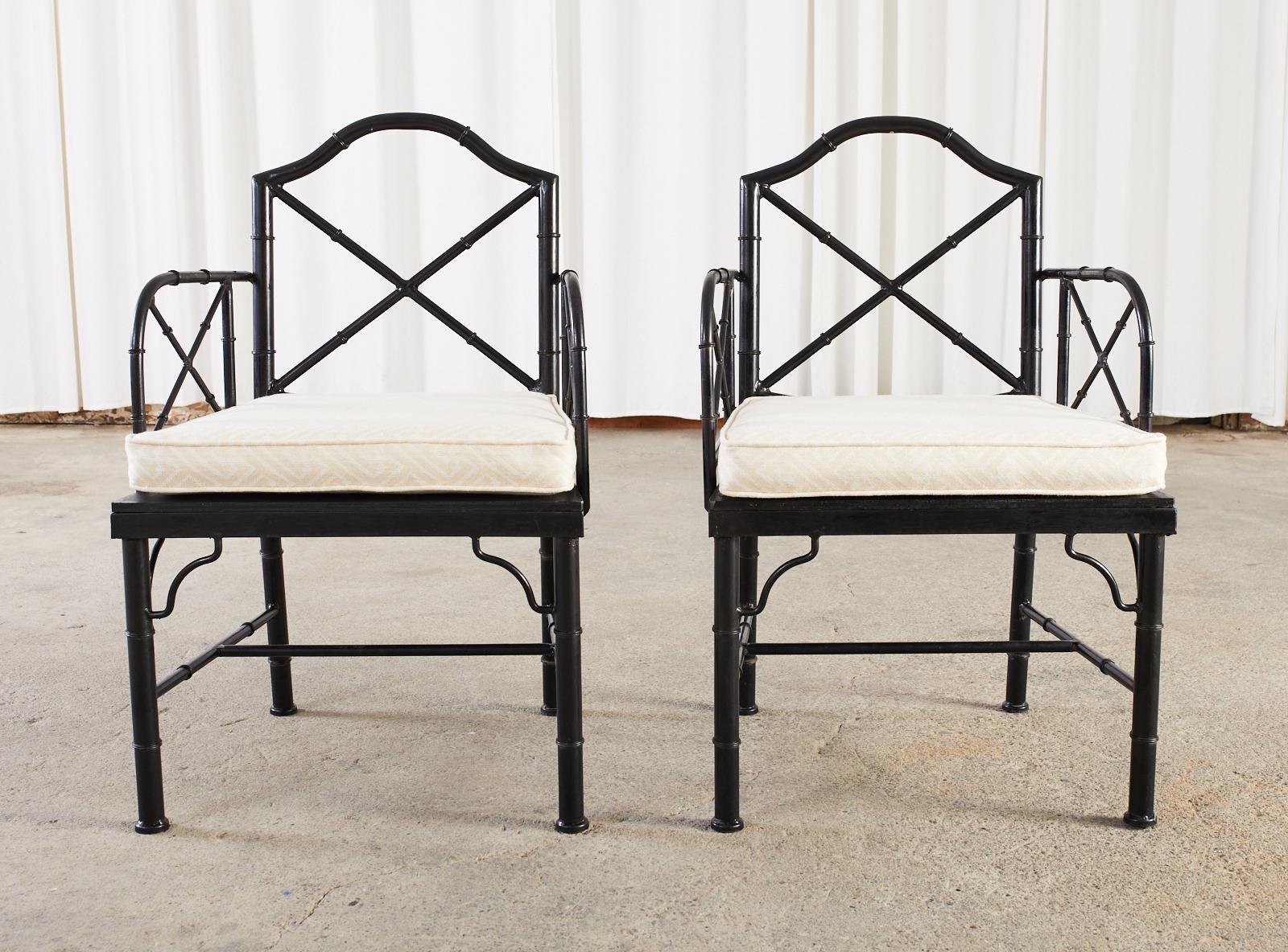 Chinese Chippendale Faux Bamboo Iron Garden Chairs In Good Condition For Sale In Rio Vista, CA