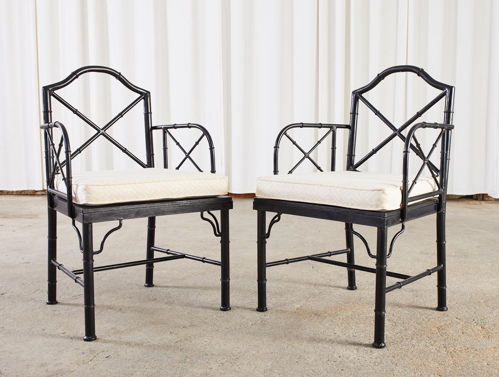 20th Century Chinese Chippendale Faux Bamboo Iron Garden Chairs