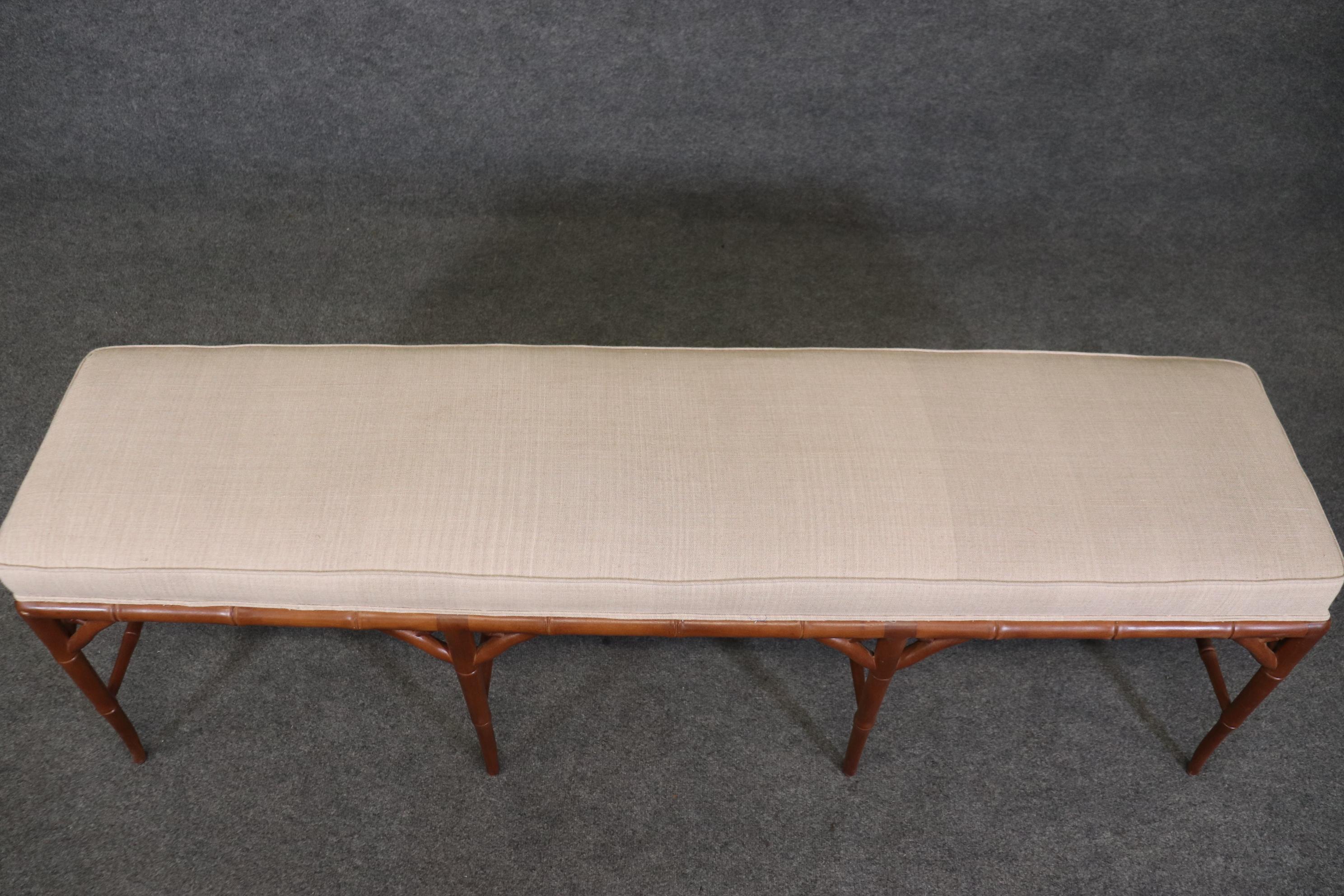 Chinese Chippendale Faux Bamboo Linen Upholstered Window Bench  4