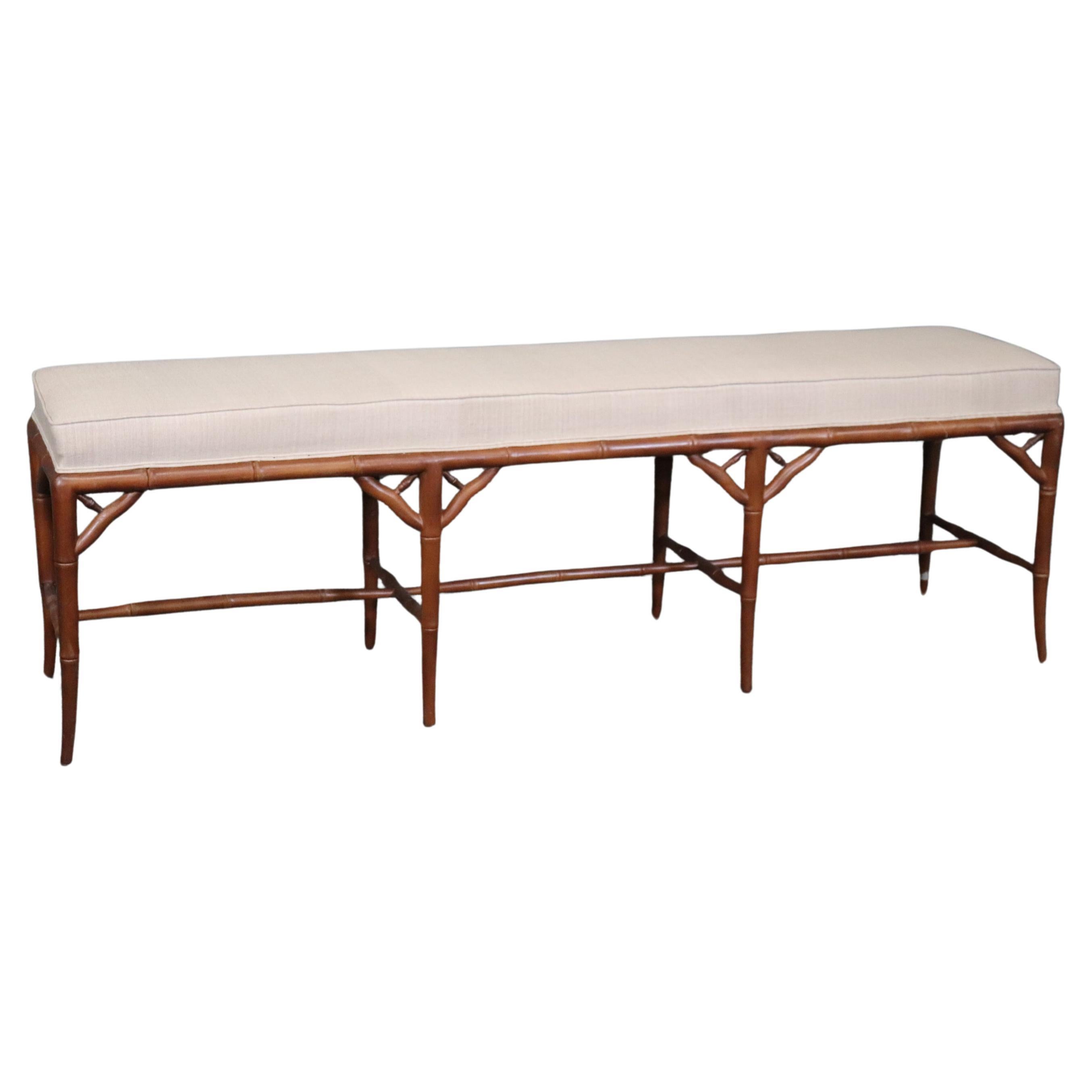 Chinese Chippendale Faux Bamboo Linen Upholstered Window Bench 