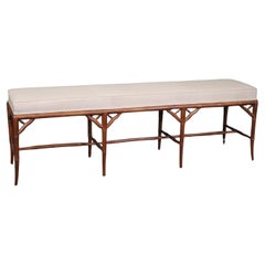 Chinese Chippendale Faux Bamboo Linen Upholstered Window Bench