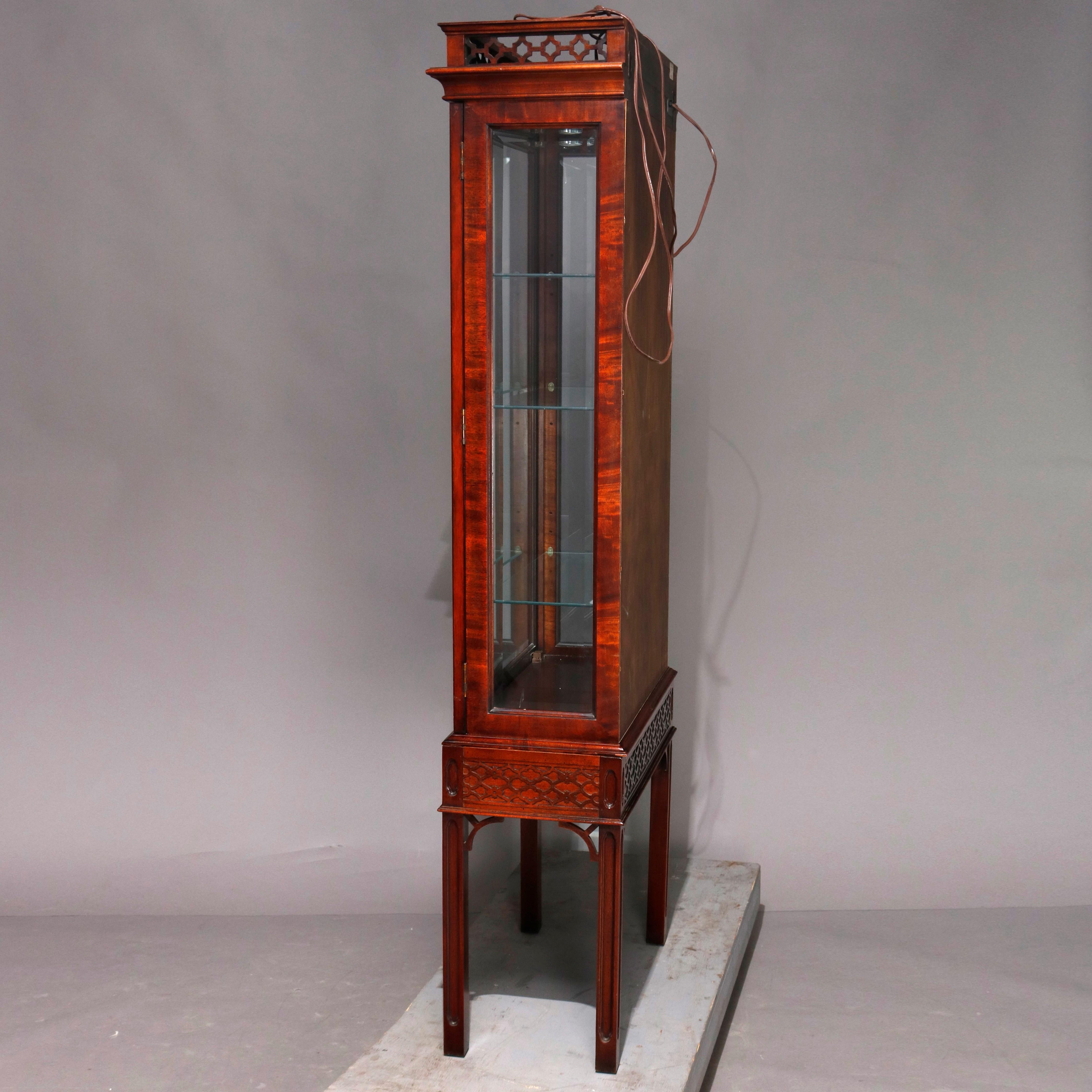 American Chinese Chippendale Flame Mahogany Lighted & Mirrored Curio Vitrine 20th Century