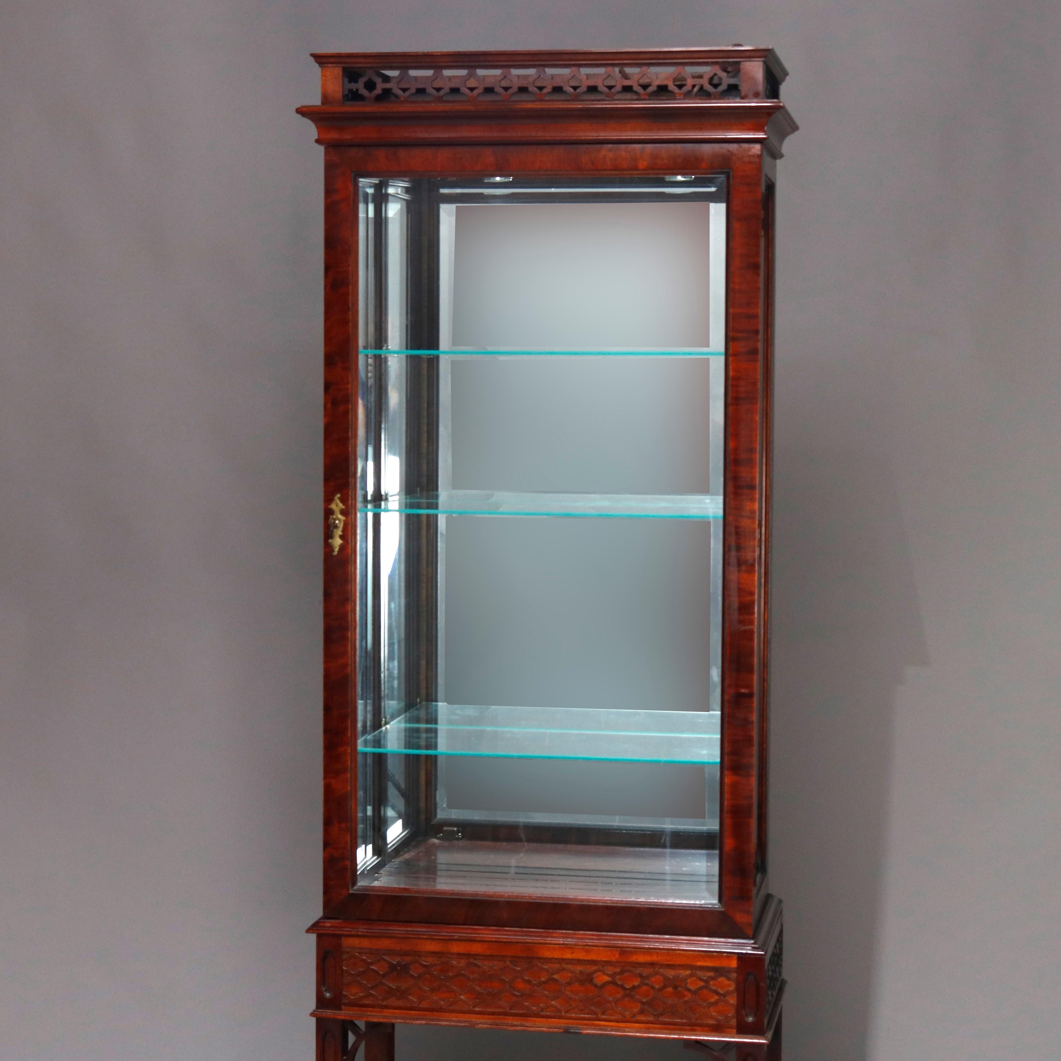 Chinese Chippendale Flame Mahogany Lighted & Mirrored Curio Vitrine 20th Century In Good Condition In Big Flats, NY