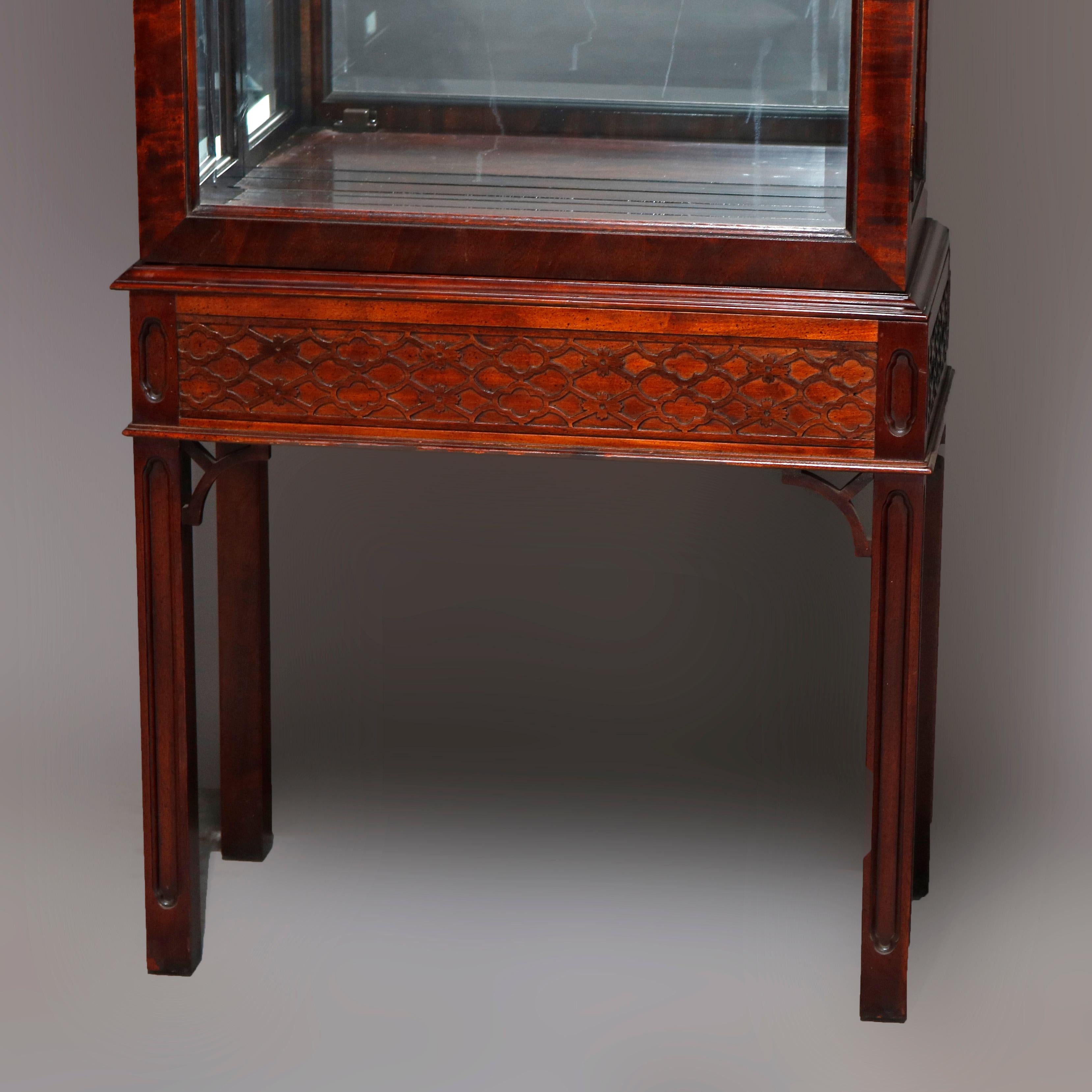 Glass Chinese Chippendale Flame Mahogany Lighted & Mirrored Curio Vitrine 20th Century
