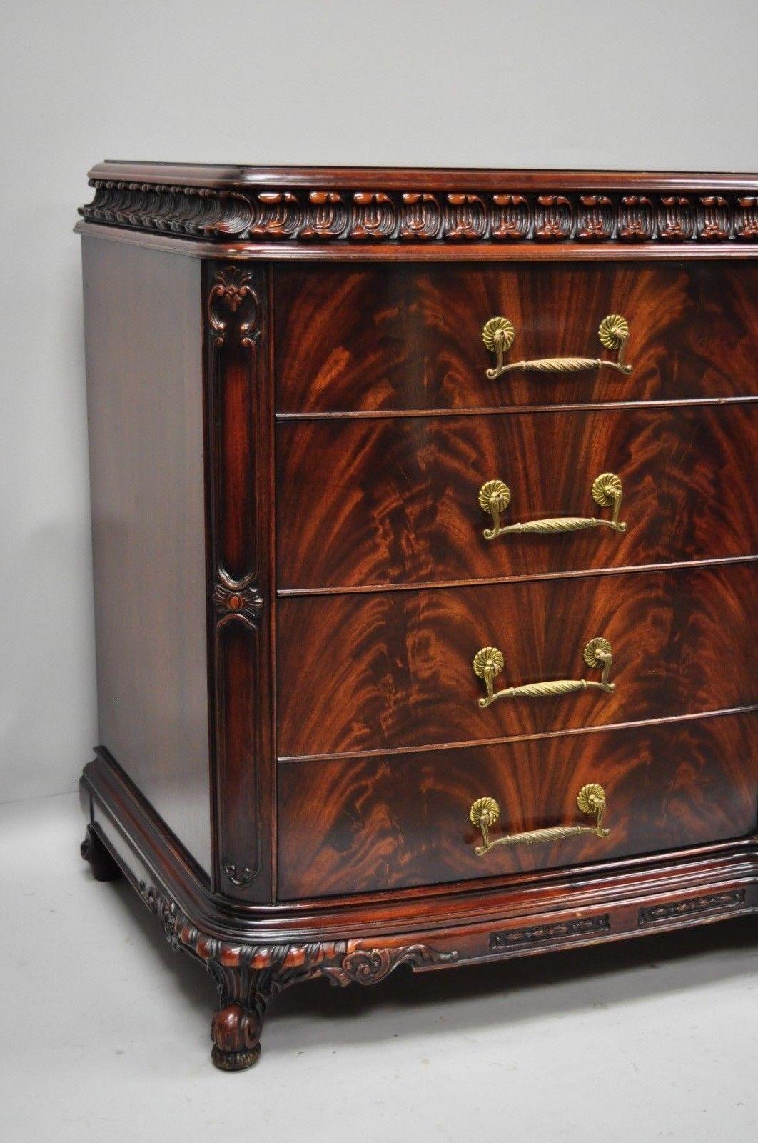 Chinese Chippendale Flame Mahogany Triple Dresser Chest & Mirror Detroit Furn For Sale 7