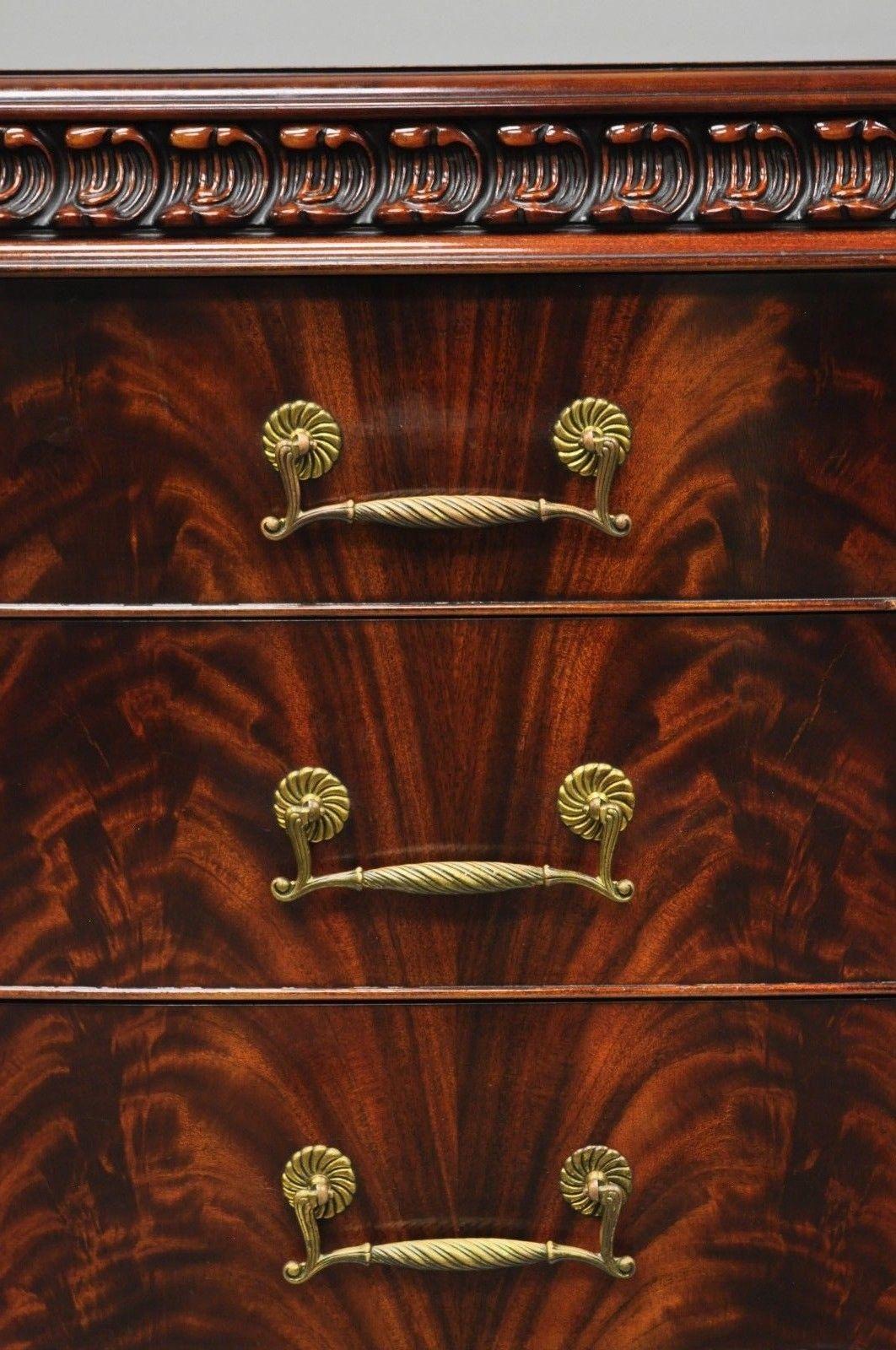 Mid-20th Century Chinese Chippendale Flame Mahogany Triple Dresser Chest & Mirror Detroit Furn For Sale