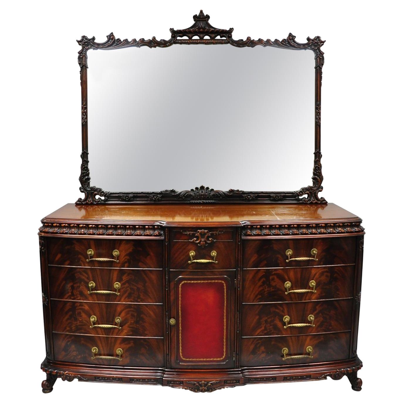 Chinese Chippendale Flame Mahogany Triple Dresser Chest & Mirror Detroit Furn